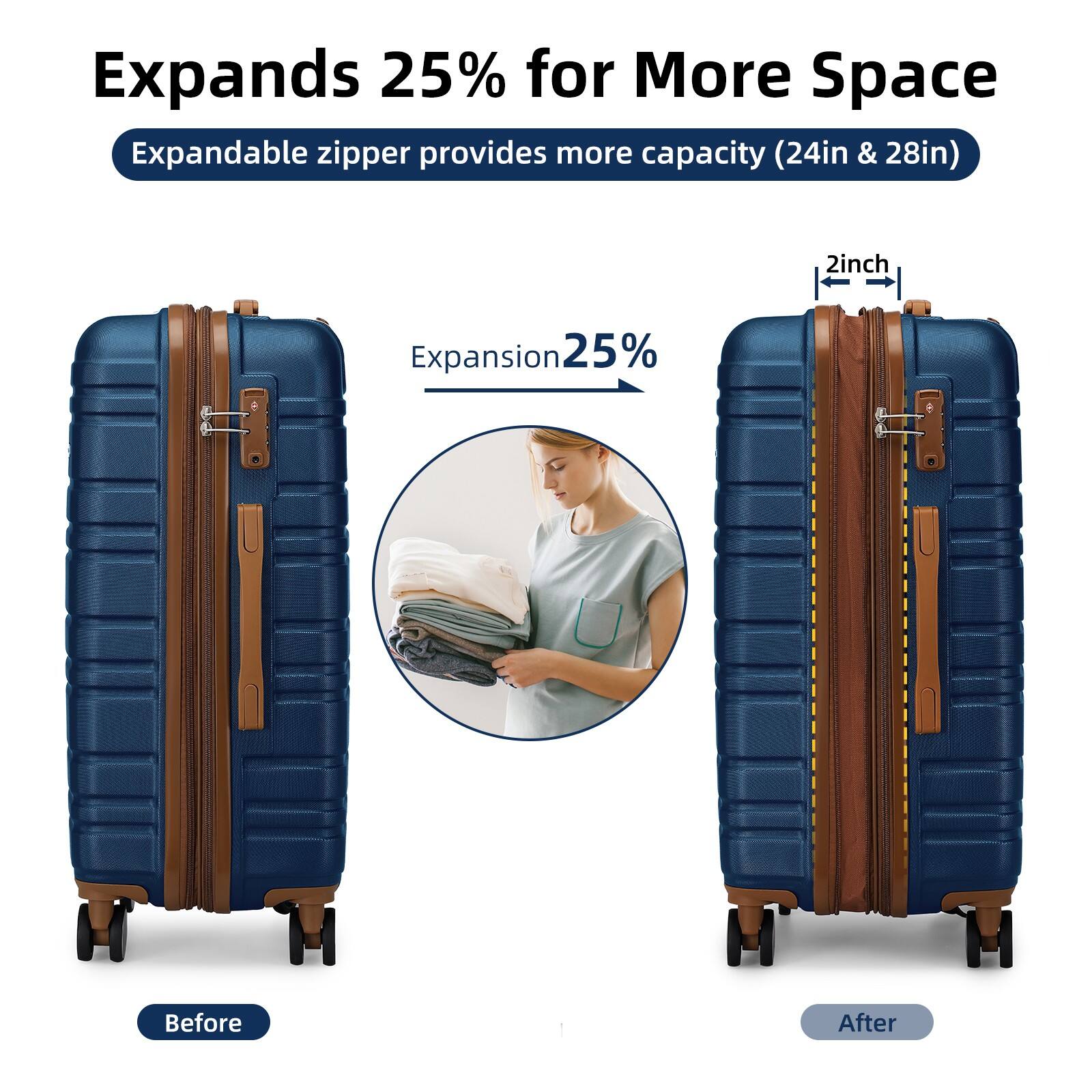 Expands 25% for More Space  
Expandable zipper provides more capacity (24in & 28in)  

Before  
After  

Expansion 25%  
2 inch