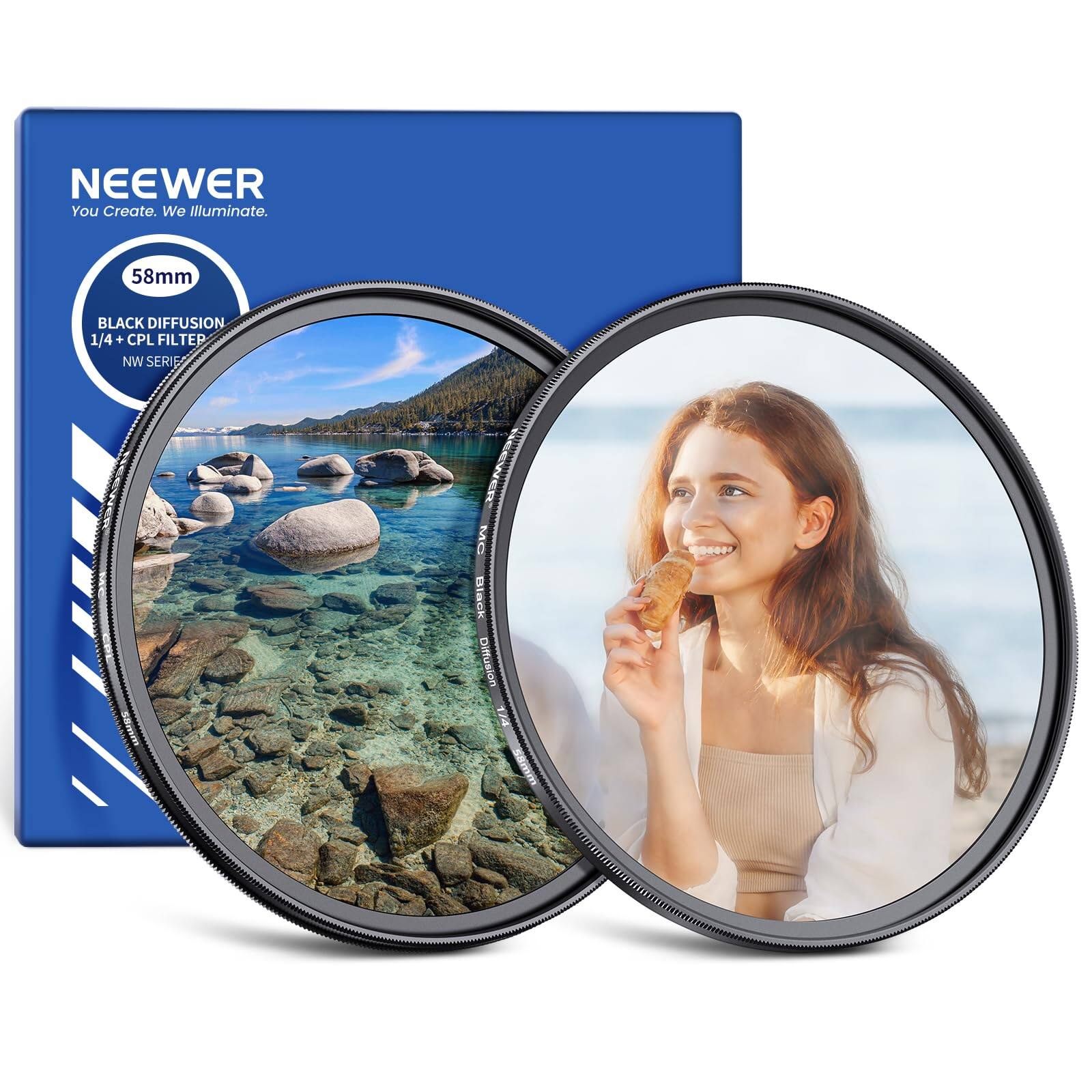 NEEWER  
You Create. We Illuminate.  

58mm  
BLACK DIFFUSION 1/4 + CPL FILTER  
NW SERIES  

Black Diffusion 1/4
