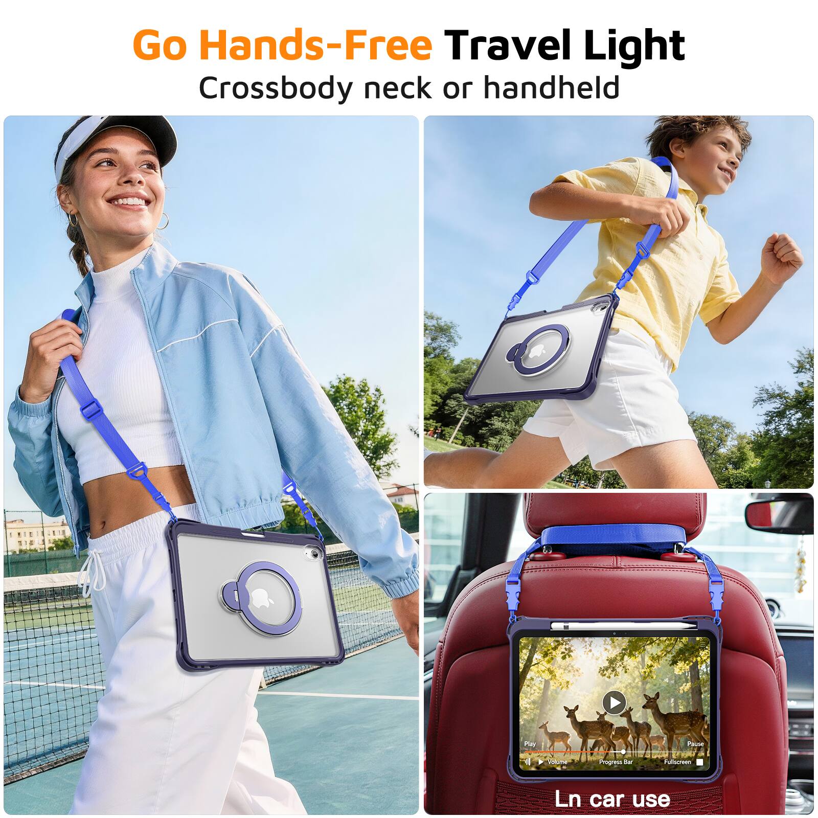 Go Hands-Free Travel Light  
Crossbody neck or handheld  
In car use