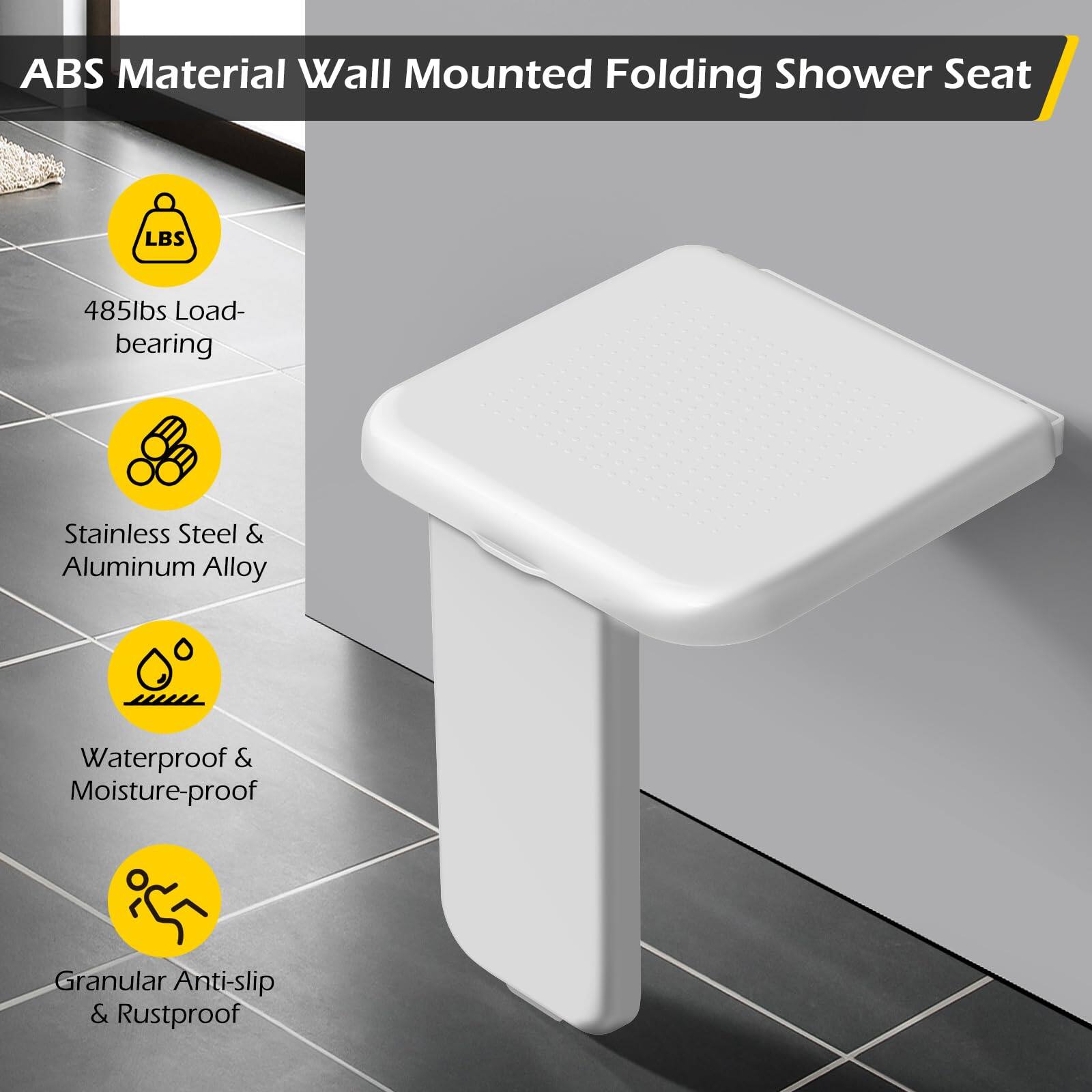 ABS Material Wall Mounted Folding Shower Seat

- 485lbs Load-bearing
- Stainless Steel & Aluminum Alloy
- Waterproof & Moisture-proof
- Granular Anti-slip & Rustproof