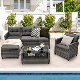 Gymax - 4PCS Rattan Patio Conversation Furniture Set Outdoor Sectional Sofa Set - Gray