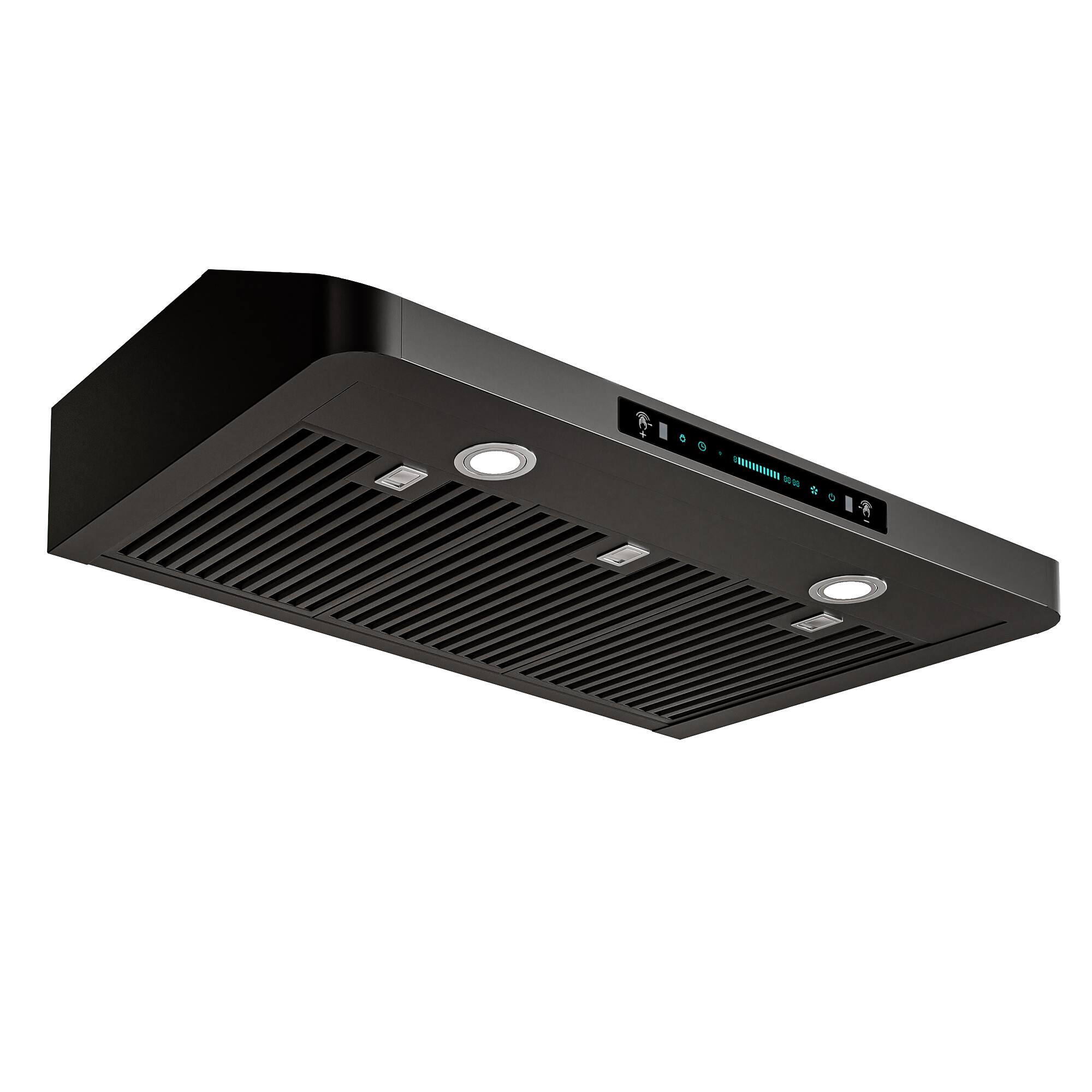 Angle. Onefly - 36 inches - Externally Vented - Under Cabinet Range Hood - Black Stainless Steel.