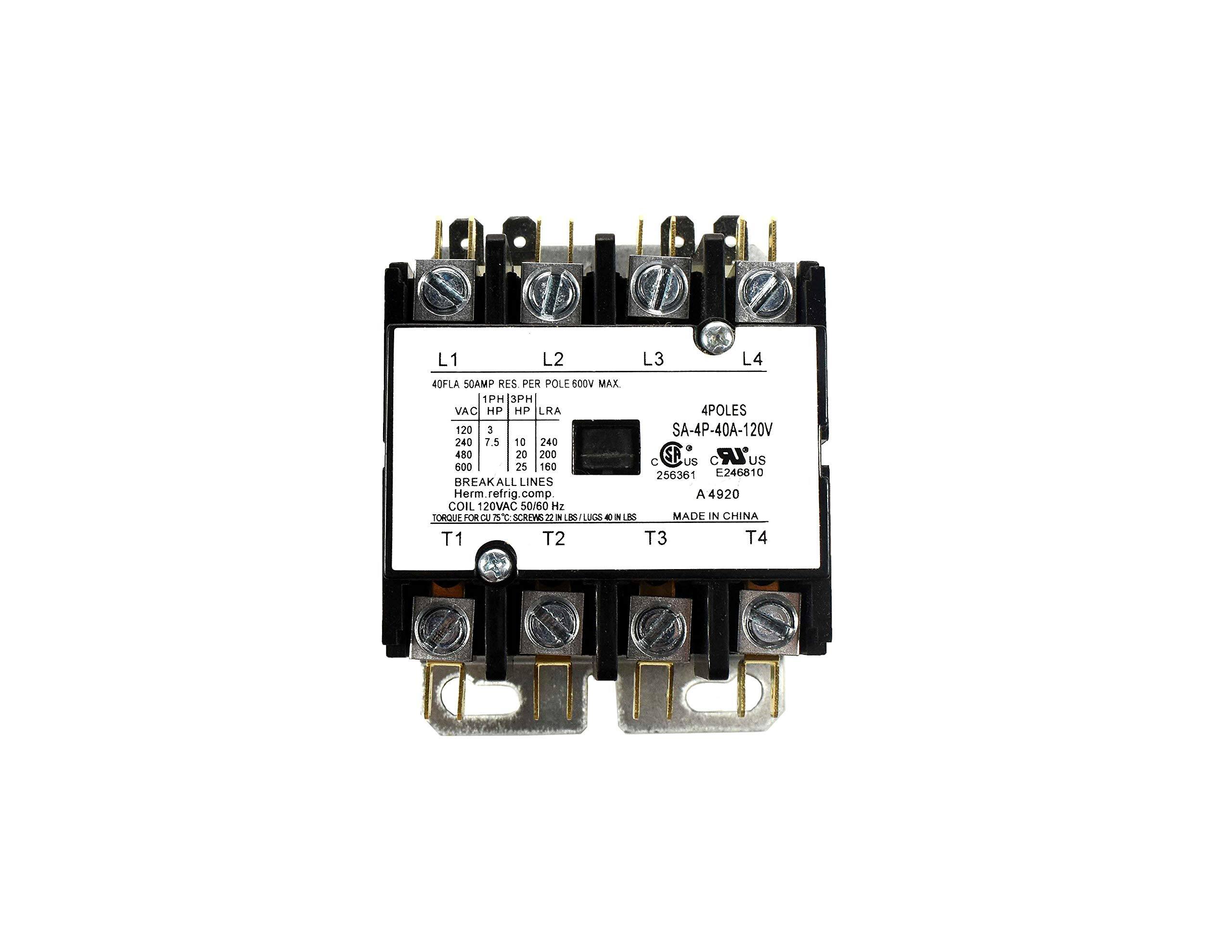 D L1 L2 L3 L4  
4OFLA SOAMP RES PER POLE 600V MAX 1PH 3PH VAC HP HP LRA 4POLES  
120 3 10 240  
240 7.5 20 200  
480 20 200  
600 25 160  
256361 E246810  
BREAK ALL LINES  
Herm refrig. comp A4920  
COIL 120VAC 50/60 Hz  
TORQUE RCH NT SCREWE T  
35/LUGS E IN R  
MADE IN CHINA  
T1 T2 T3 T4  

L1 L2 L3 L4  
4OFLA 50AMP RES. PER POLE 600V MAX.  
1PH | 3PH  
VAC HP HP LRA  
120 3 10 240  
240 7.5 20 200  
480 20 200