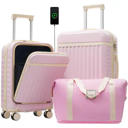 Front. Ecooso - Front Opening Luggage Set 3 Piece, Hardside ,USB Port, Expandable Luggage with Handle Bag Spinner Wheels TSA Lock - Pink.