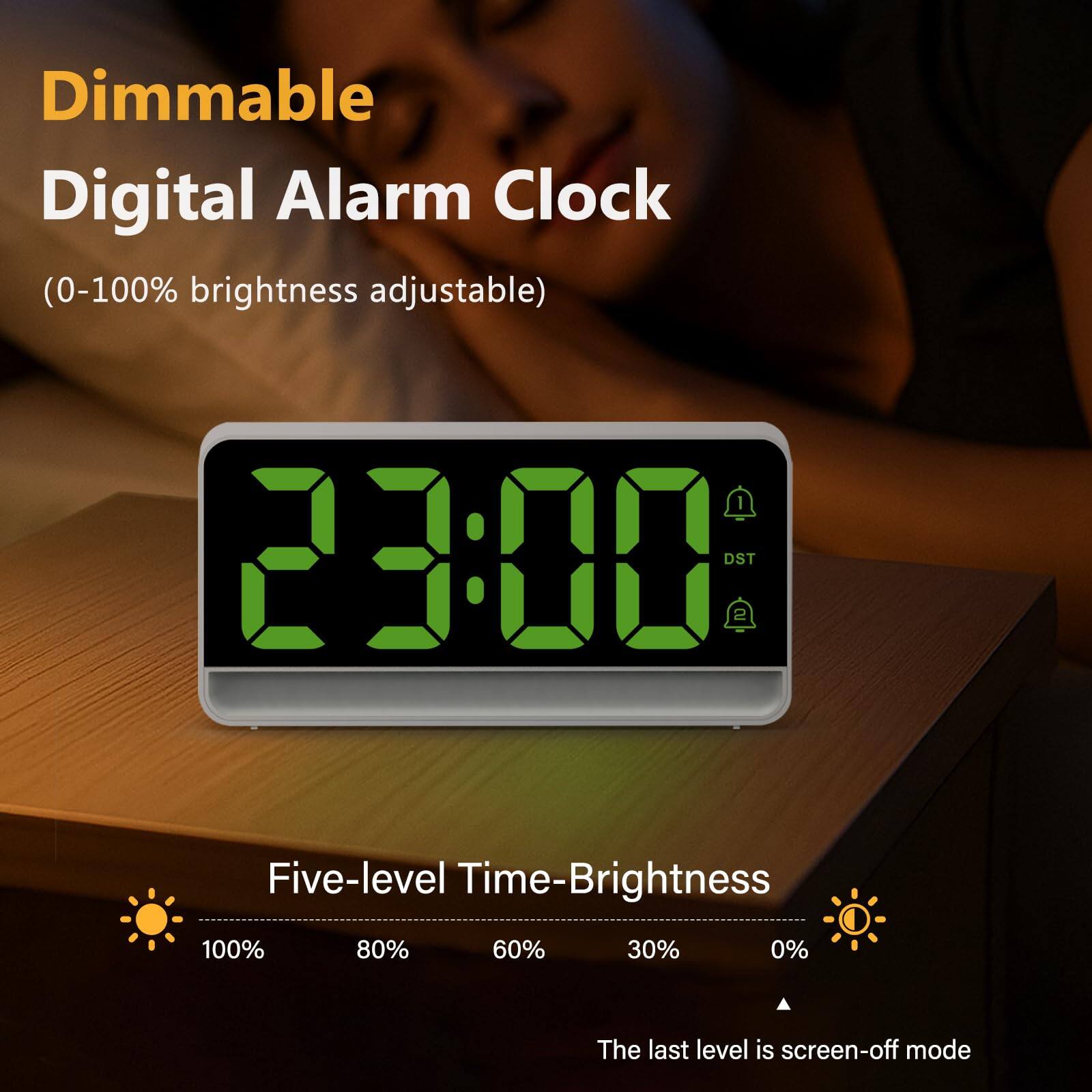 Dimmable Digital Alarm Clock (0-100% brightness adjustable)

23:00 DST

Five-level Time-Brightness

100% 80% 60% 30% 0%

The last level is screen-off mode