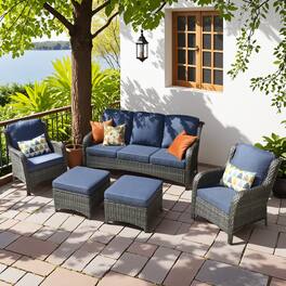Ovios - 5 PCS Patio Furniture Sectional Sofa All Weather Wicker High Back Conversation Set with Ottoman - Denim Blue