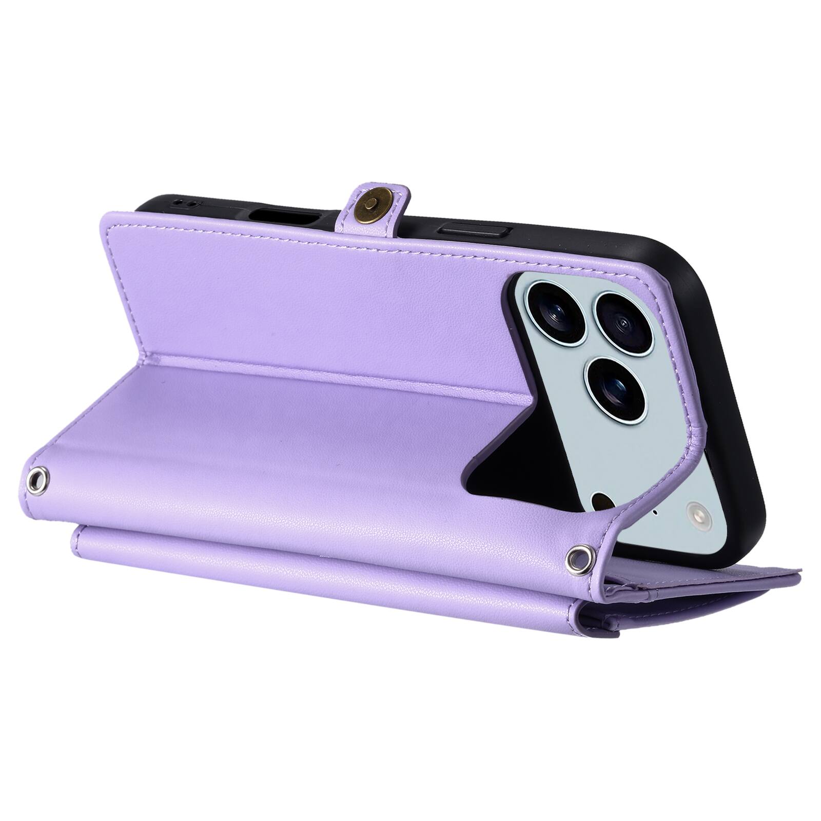 Alt View 4. Dteck - Foilo Wallet Case for Apple iPhone 17 Pro,Shockproof Card Holder PU Leather Magnetic Snap Phone Cover with Lanyard - Purple.