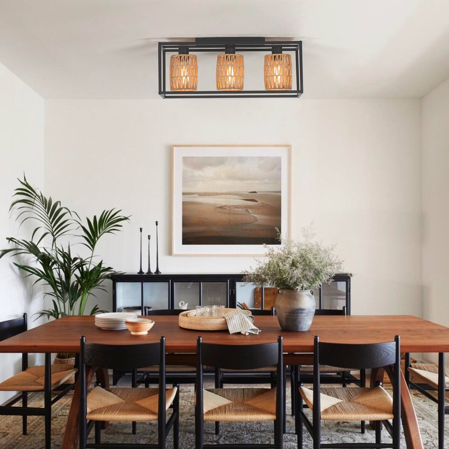 Alt View 1. Umeiluce - 3 Lights Handmade Woven Paper Flush Mount light Farmhouse Style Light - Black and brown.