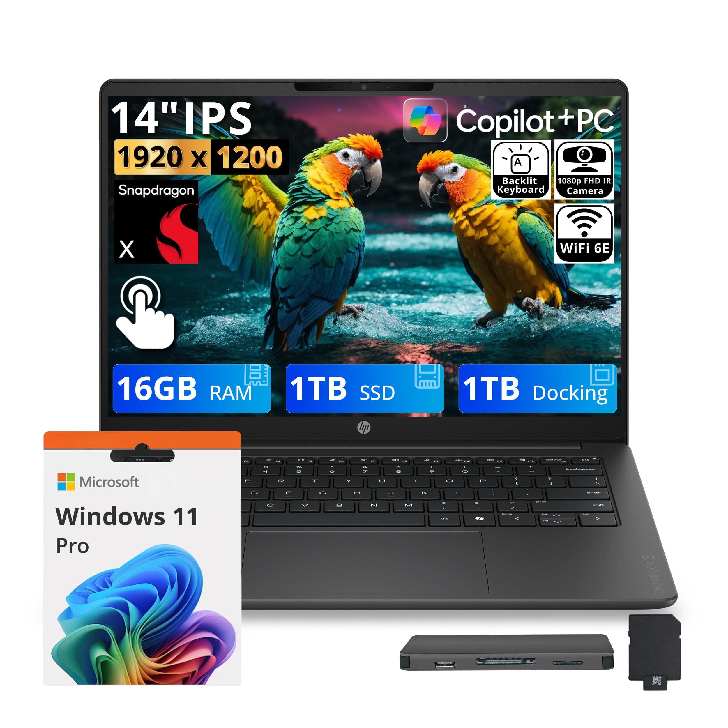 14" IPS 1920 x 1200 Snapdragon  
Copilot+PC  
Backlit Keyboard  
1080p FHD IR Camera  
WiFi 6E  
16GB RAM  
1TB SSD  
1TB Docking  
Microsoft Windows 11 Pro