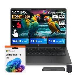 HP - Upgraded - OmniBook 3 14" WUXGA Touch Laptop,Snapdragon X X1-26-100,16GB LPDDR5,1TB SSD+1TB Dock Set,Backlit,Win 11 Pro - Black