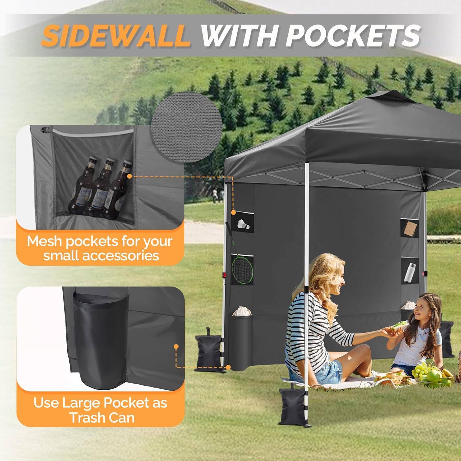 SIDEWALL WITH POCKETS

Mesh pockets for your small accessories

Use Large Pocket as Trash Can