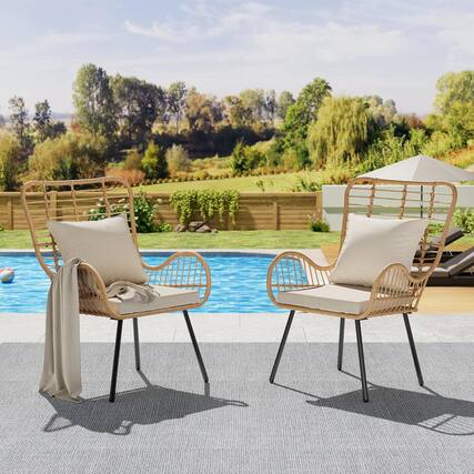 Front. Acekool - Outdoor Wicker Patio Set for 2, Boho Rattan Chairs with Cushions & Pillows, All-Weather, 330lb, Beige - Beige.