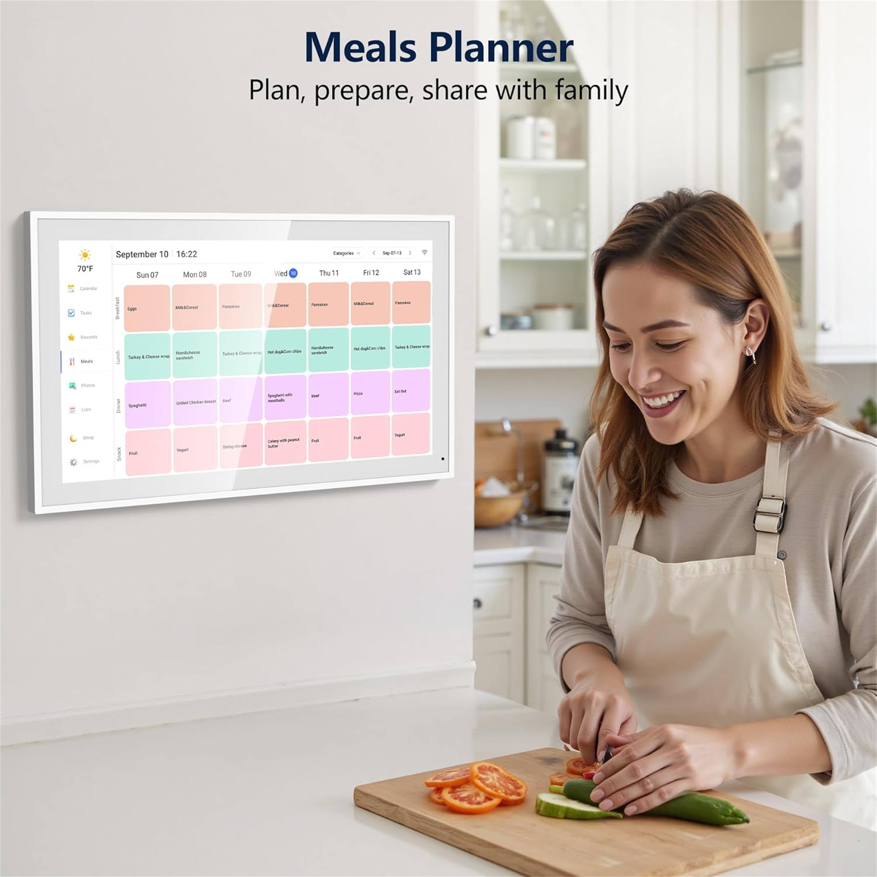 Meals Planner  
Plan, prepare, share with family  

September 10  
16:22  

Sun 07  
Mon 08  
Tue 09  
Wed 10  
Thu 11  
Fri 12  
Sat 13