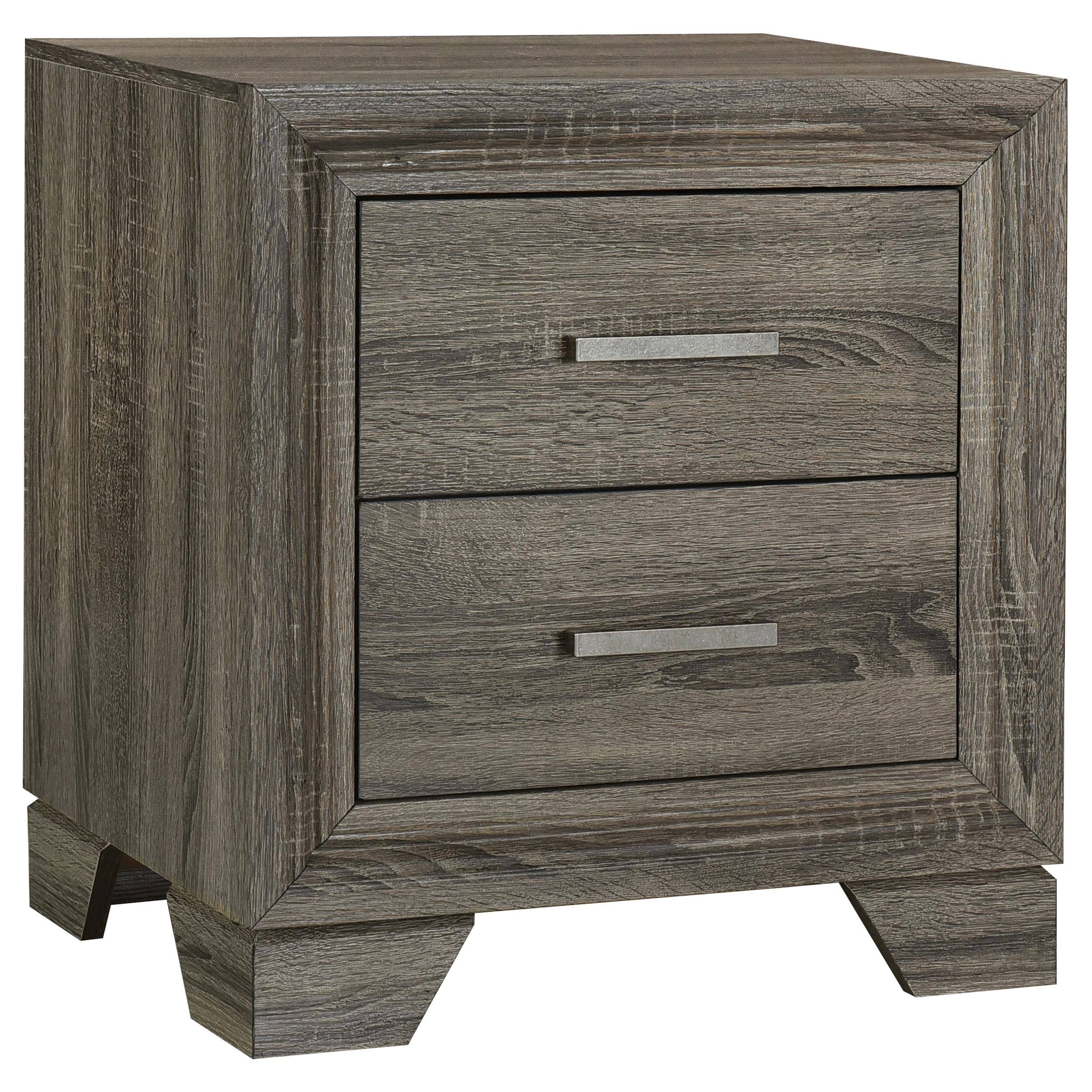 Front. Manhattan Lane - Reay Nightstand, Oak Finish, 2 Drawers Metal Bar Handles - Oak Brown, Silver.