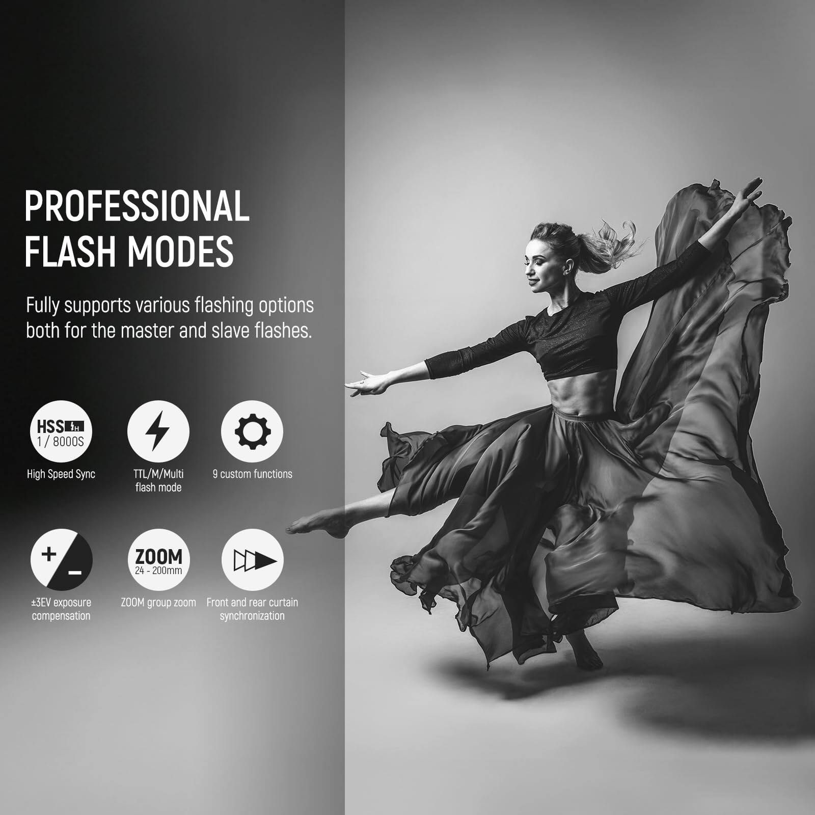 PROFESSIONAL FLASH MODES

Fully supports various flashing options both for the master and slave flashes.

- HSS 1/8000S
  High Speed Sync

- TTL/M/Multi flash mode

- 9 custom functions

- ZOOM 24-200mm
  ZOOM group zoom

- + - 
  ±3EV exposure compensation

- Front and rear curtain synchronization