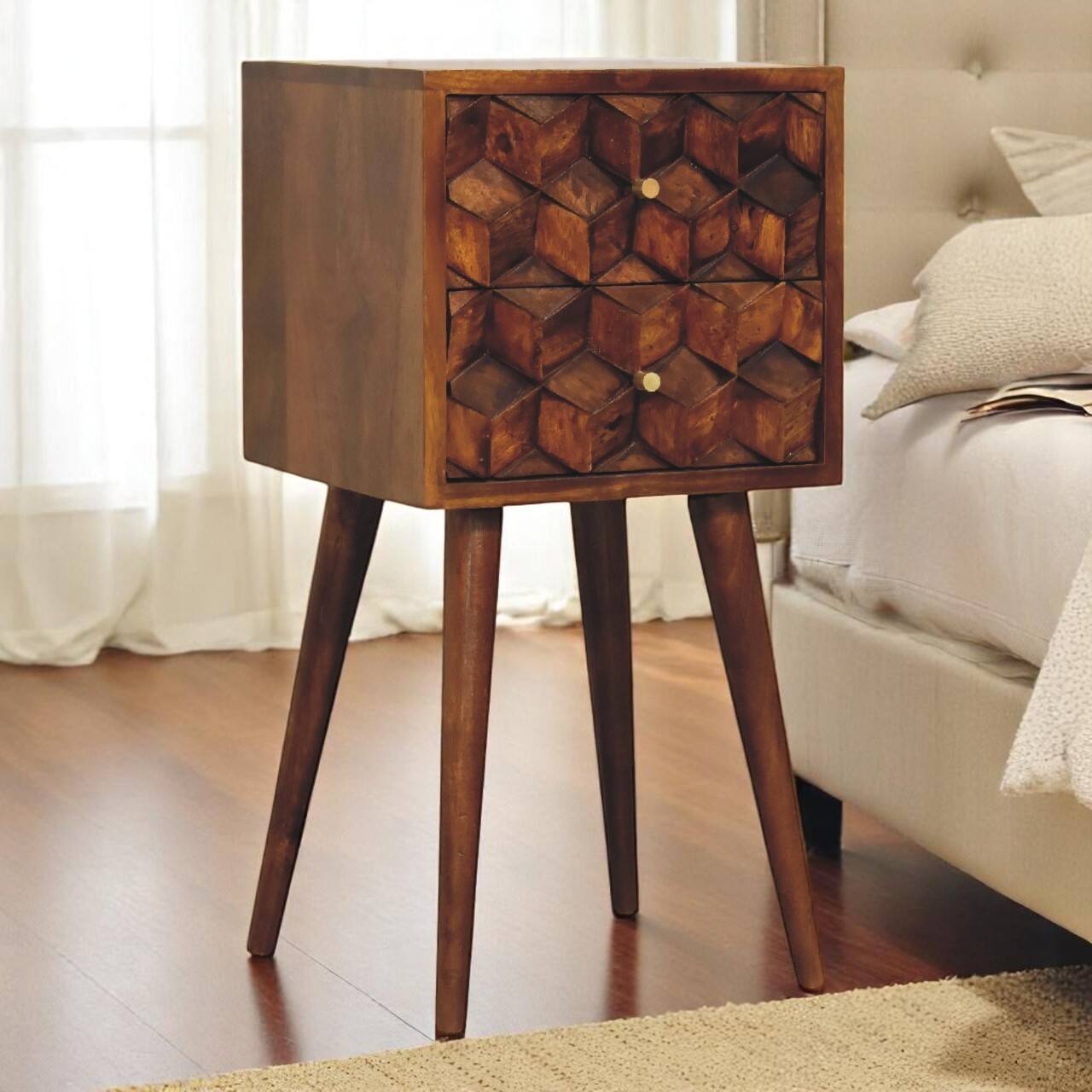 Angle. Artisan Furniture - Artisan Furniture Solid Wood Mini Chestnut Cube 2 Drawer, Nordic legs, Nightstand, Dark Brown - Chestnut.