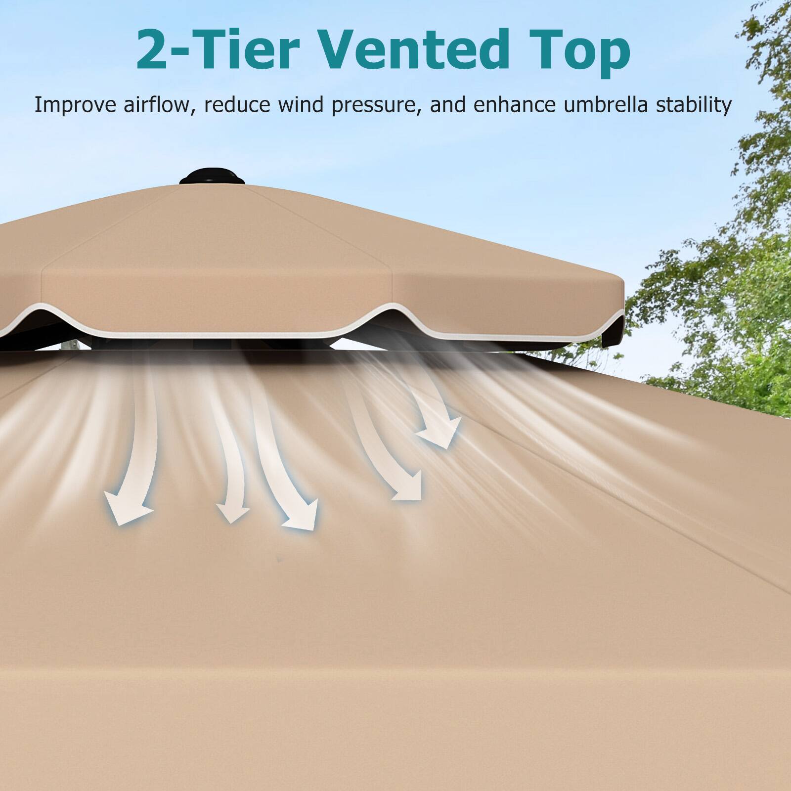 2-Tier Vented Top  
Improve airflow, reduce wind pressure, and enhance umbrella stability
