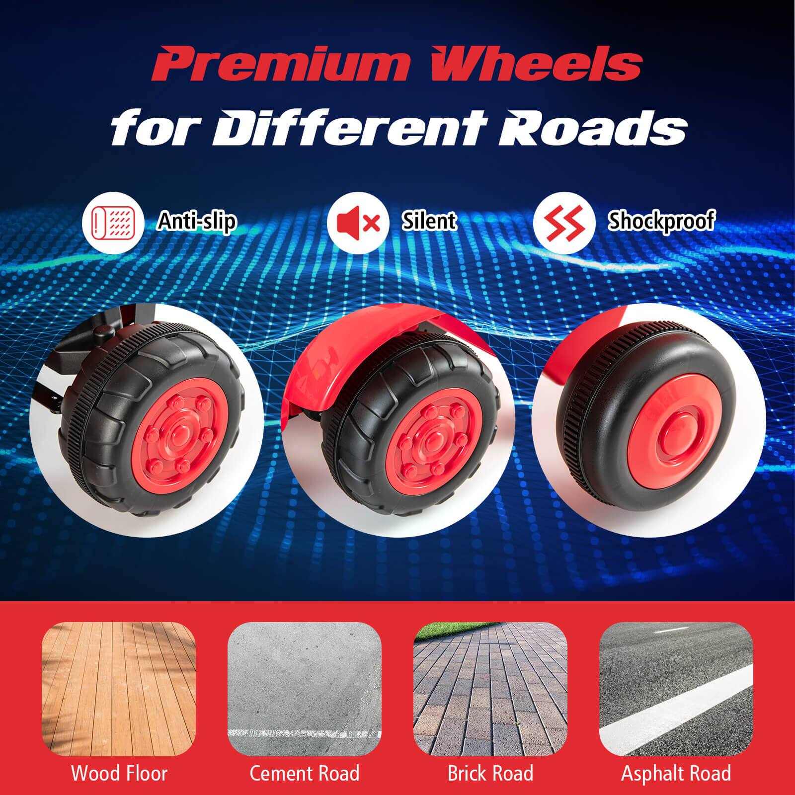 Premium Wheels for Different Roads

Anti-slip  
Silent  
Shockproof  

Wood Floor  
Cement Road  
Brick Road  
Asphalt Road