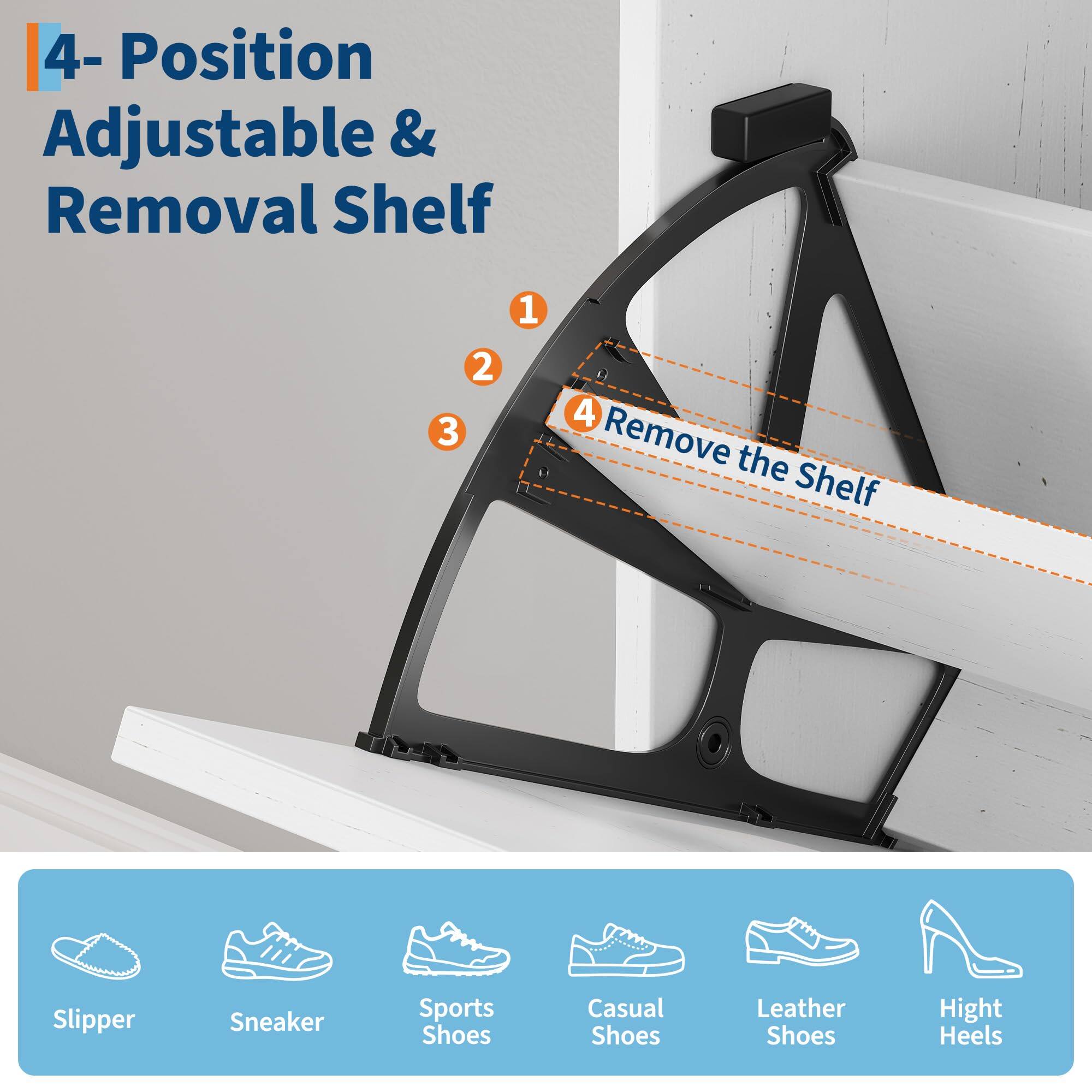 4- Position Adjustable & Removal Shelf

1. Remove the Shelf

Slipper  
Sneaker  
Sports Shoes  
Casual Shoes  
Leather Shoes  
High Heels