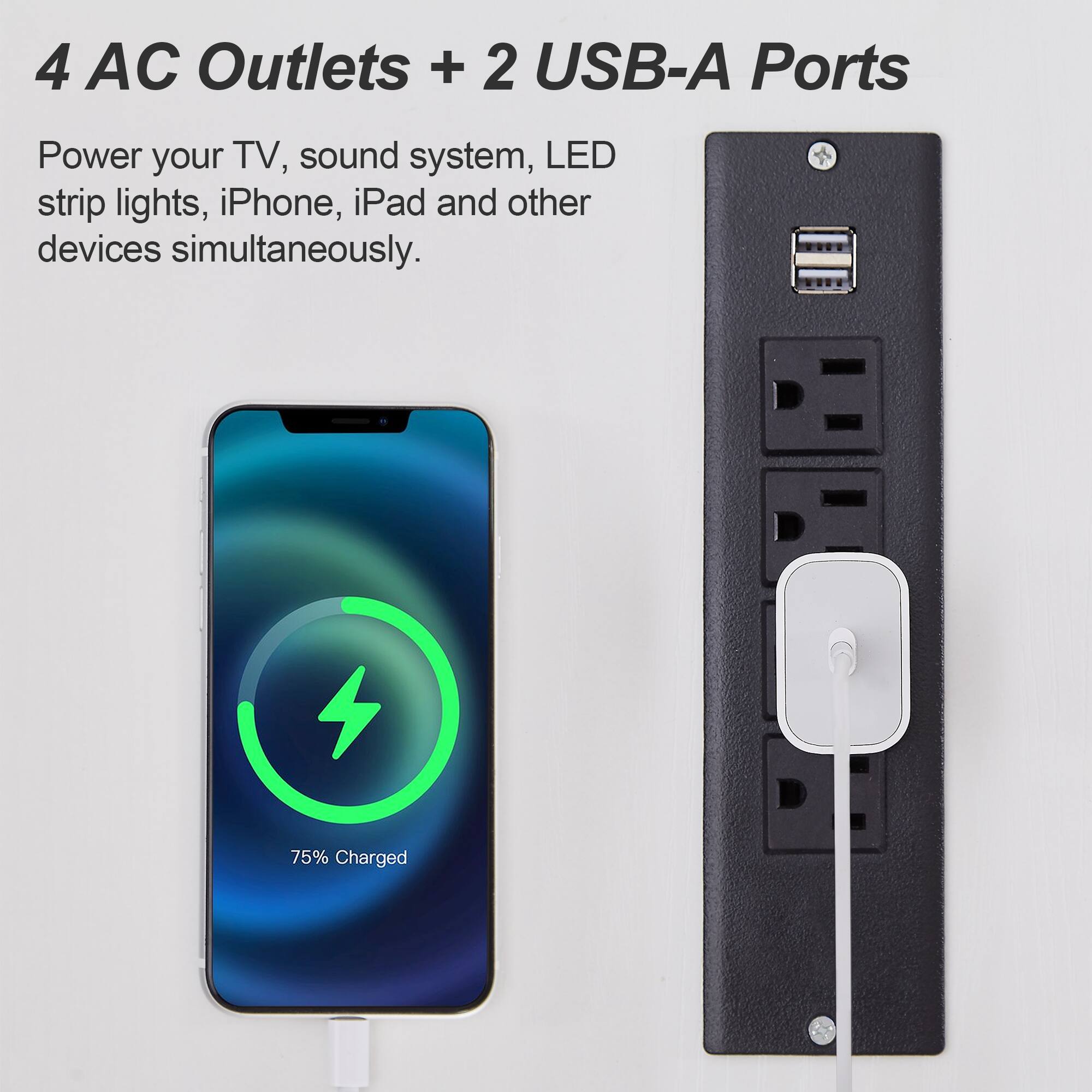 4 AC Outlets + 2 USB-A Ports

Power your TV, sound system, LED strip lights, iPhone, iPad and other devices simultaneously.

75% Charged