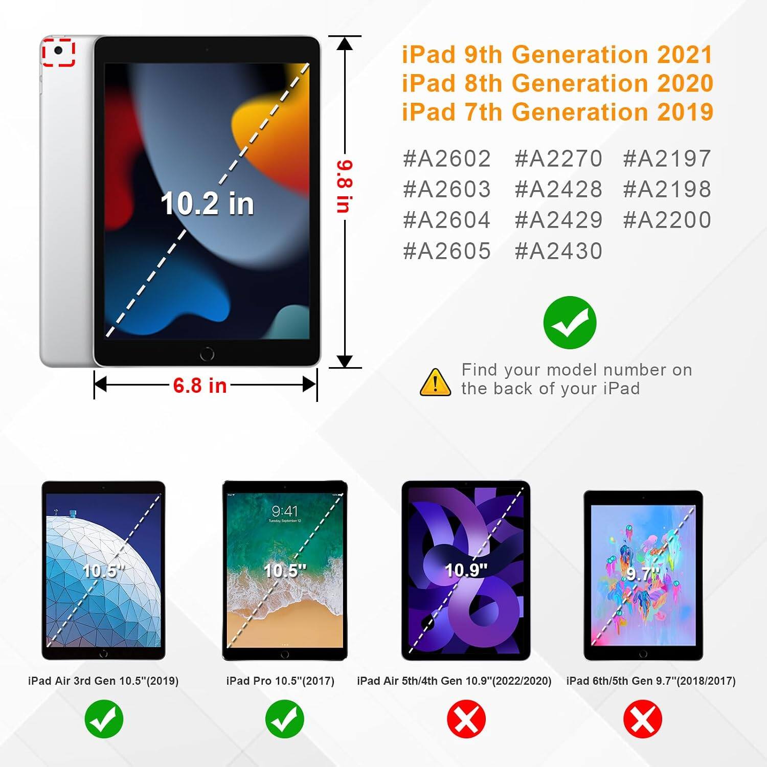 iPad 9th Generation 2021  
iPad 8th Generation 2020  
iPad 7th Generation 2019  

10.2 in  
9.8 in  
6.8 in  

#A2602  
#A2270  
#A2197  
#A2603  
#A2428  
#A2198  
#A2604  
#A2429  
#A2200  
#A2605  
#A2430  

Find your model number on the back of your iPad  

10.5" iPad Air 3rd Gen 10.5"(2019)  
10.5" iPad Pro 10.5"(2017)  
10.9" iPad Air 5th/4th Gen 10.9"(2022/2020)  
9.7" iPad 6th/5th Gen 9.7"(2018/2017)