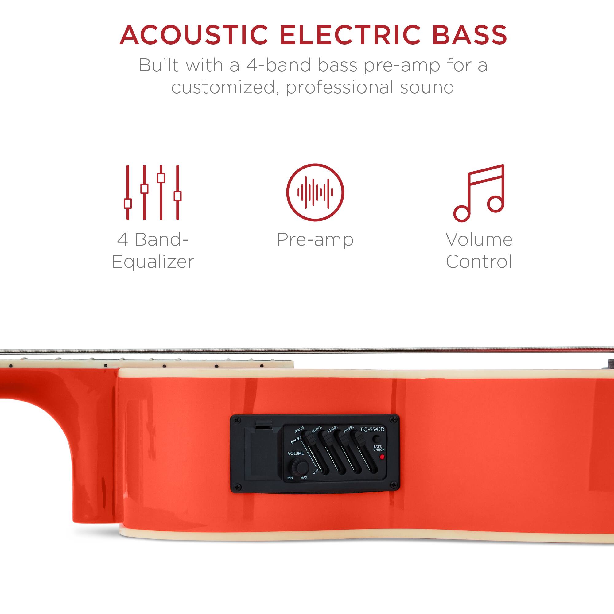 ACOUSTIC ELECTRIC BASS  
Built with a 4-band bass pre-amp for a customized, professional sound  

4 Band- Equalizer  
Pre-amp  
Volume Control  

EQ-75418