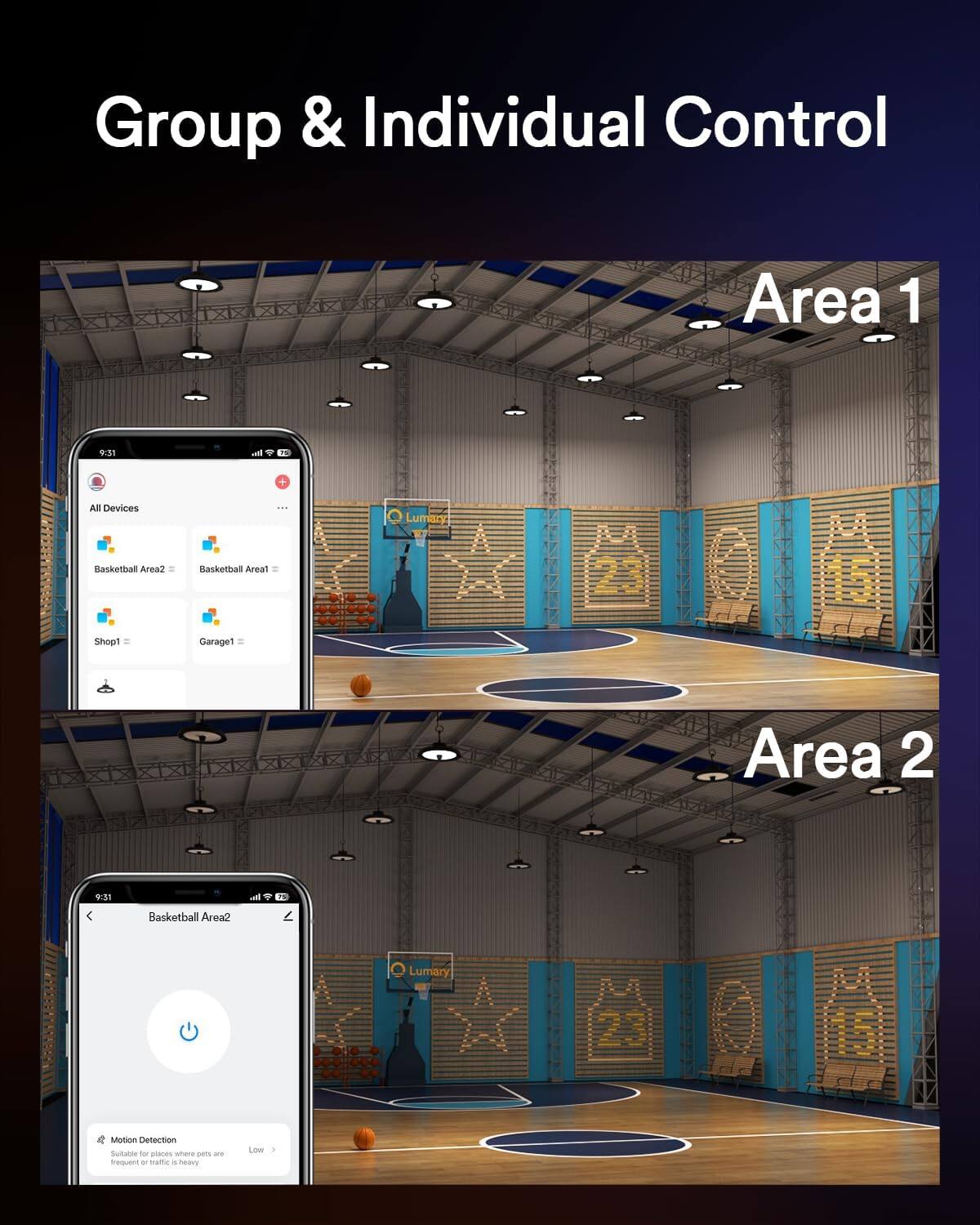Group & Individual Control

Area 1

9:31
All Devices
Basketball Area2
Basketball Area1
Shop1
Garage1

Area 2

9:31
Basketball Area2

Motion Detection
Suitable for places where pets are frequent or traffic is heavy
Low