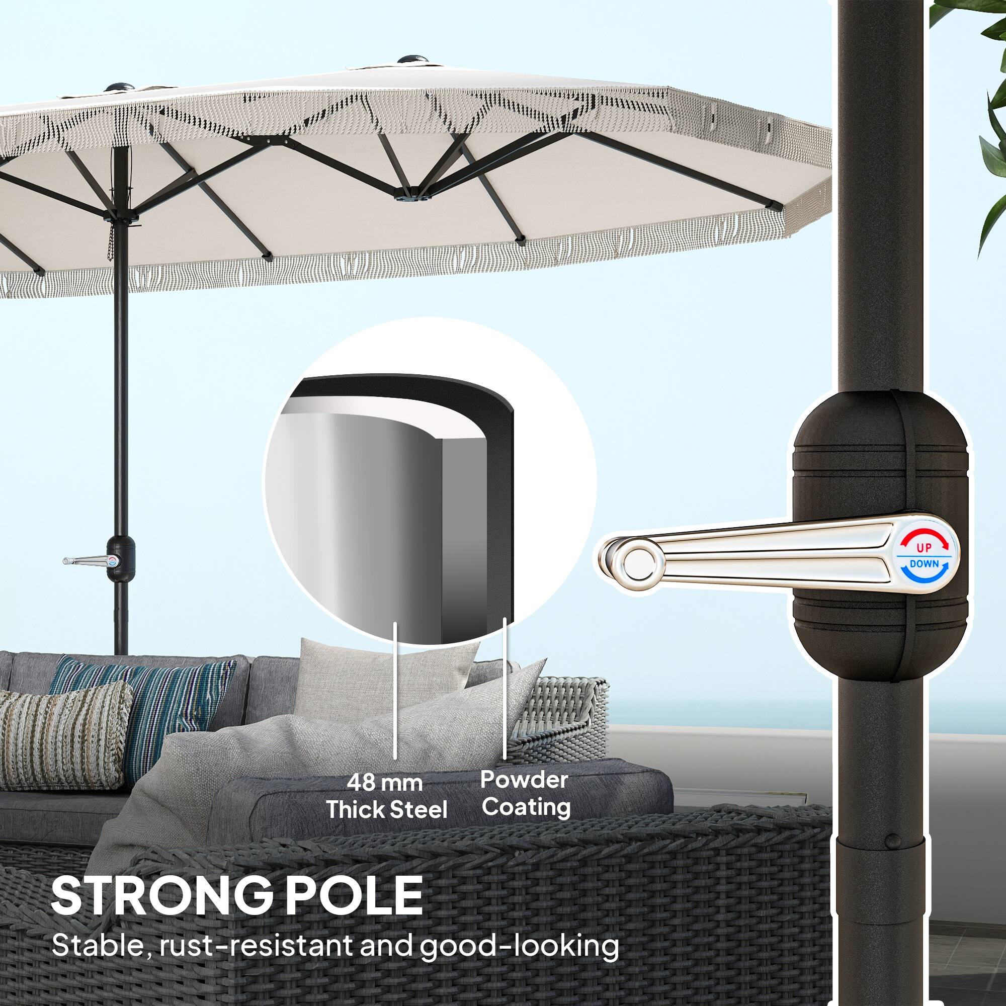 UP DOWN  
48 mm Thick Steel  
Powder Coating  
STRONG POLE  
Stable, rust-resistant and good-looking