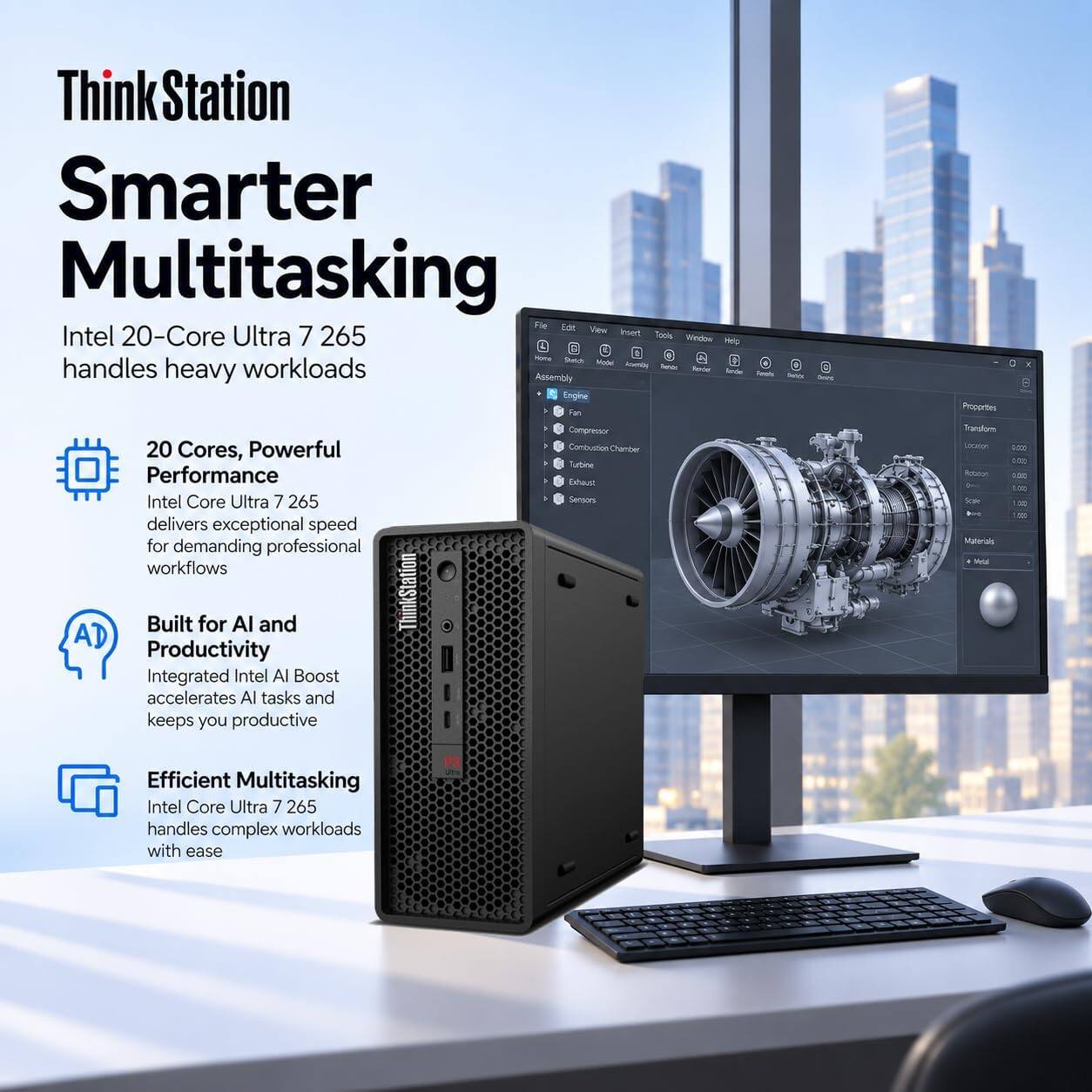 ThinkStation Smarter Multitasking

Intel 20-Core Ultra 7 265 handles heavy workloads

20 Cores, Powerful Performance
Intel Core Ultra 7 265 delivers exceptional speed for demanding professional workflows

Built for AI and Productivity
Integrated Intel AI Boost accelerates AI tasks and keeps you productive

Efficient Multitasking
Intel Core Ultra 7 265 handles complex workloads with ease