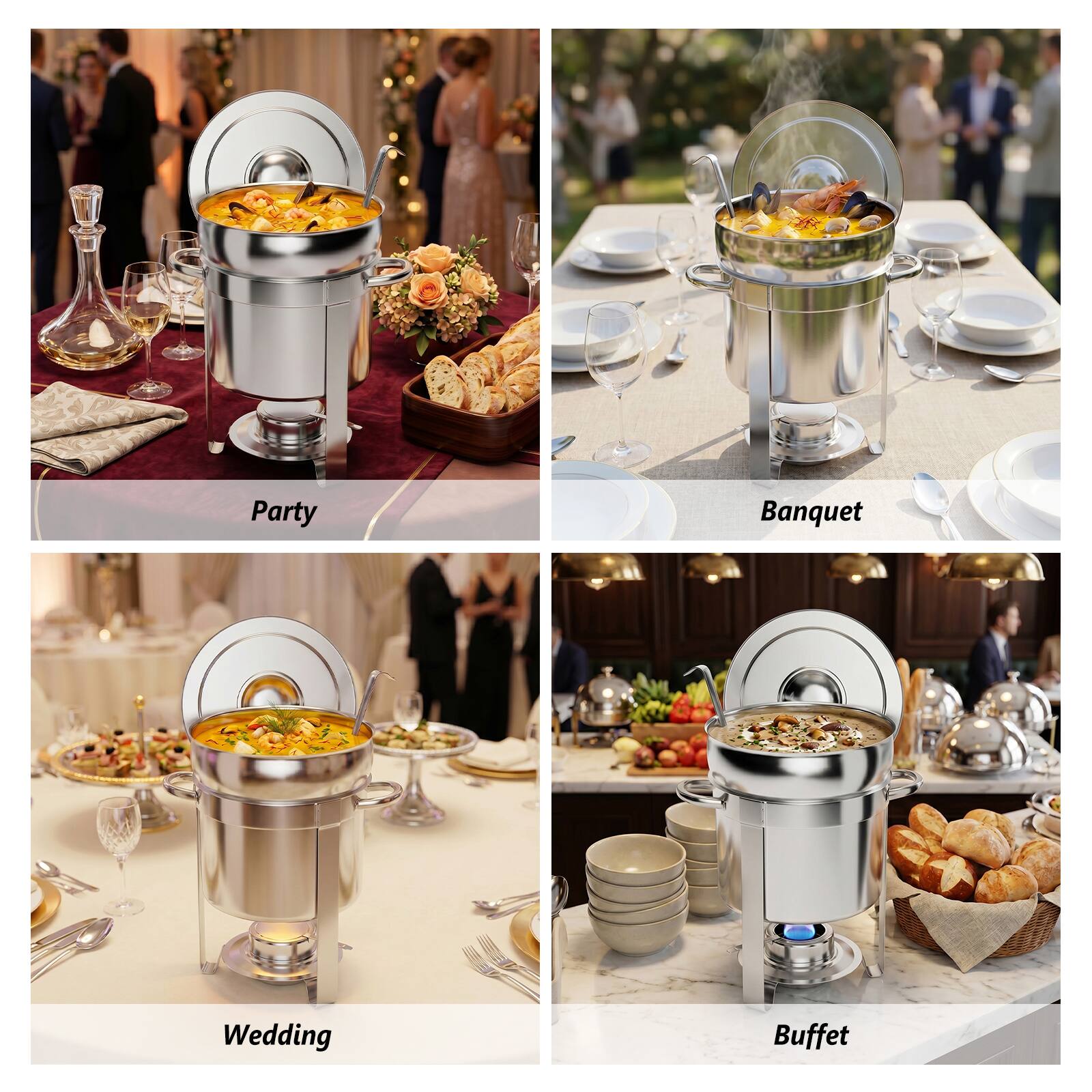 Winado 2 Pieces 7QT Round Soup Chafer Set with Spoon Notch, Lid Holder ...