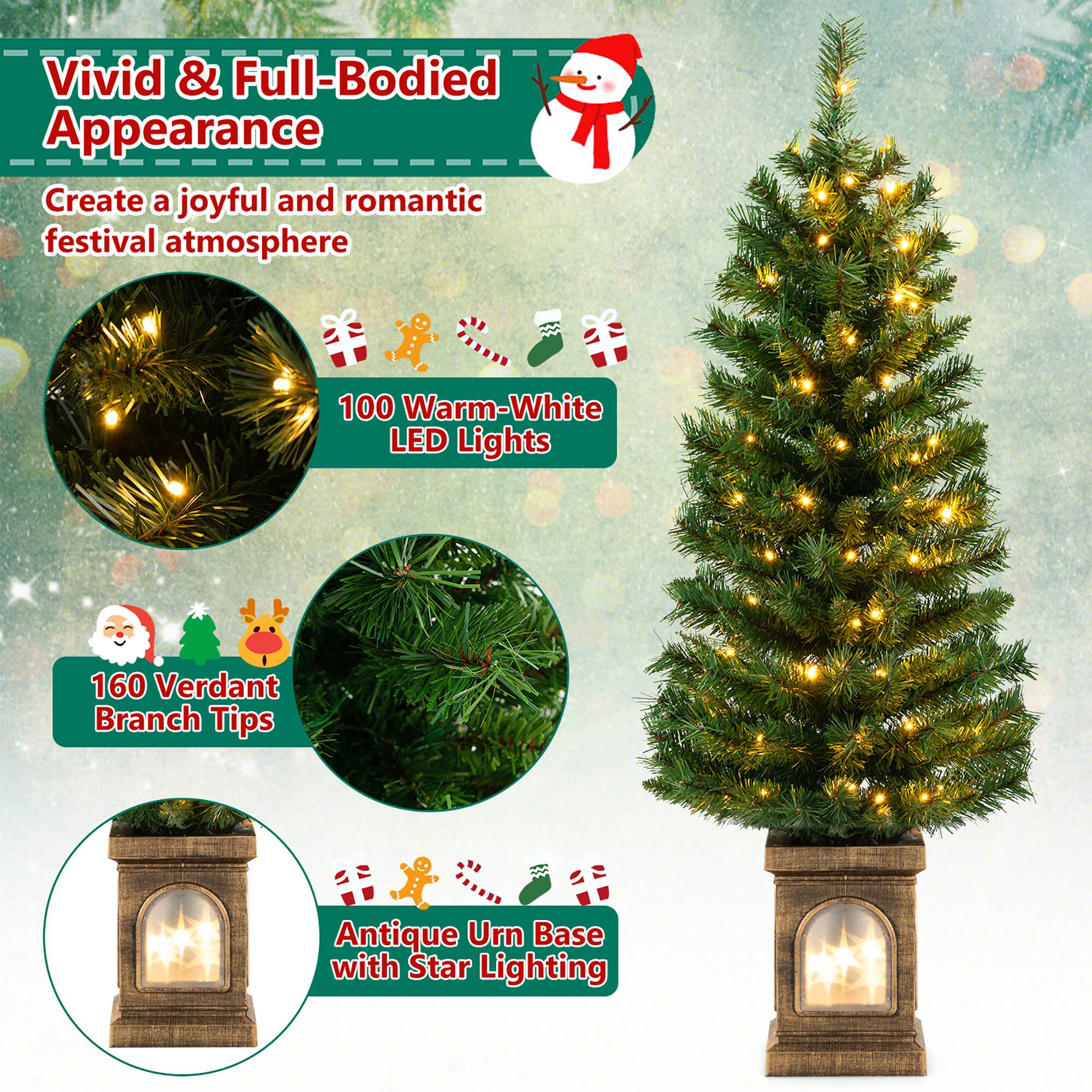 Vivid & Full-Bodied Appearance  
Create a joyful and romantic festival atmosphere  

100 Warm-White LED Lights  

160 Verdant Branch Tips  

Antique Urn Base with Star Lighting