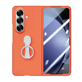 Dteck - for Samsung Galaxy Z Fold7 Matte Hard PC Case,Rugged Cover Built-In Screen Protector,Shockproof Shell+Grip Ring Stand - Orange