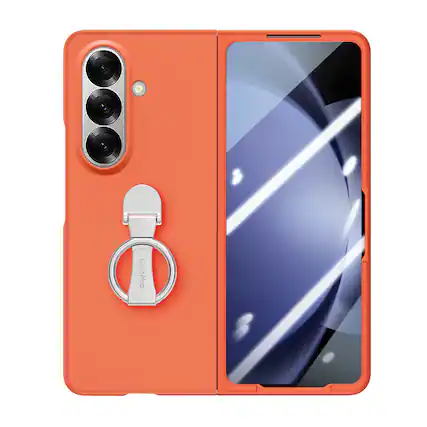 Front. Dteck - for Samsung Galaxy Z Fold7 Matte Hard PC Case,Rugged Cover Built-In Screen Protector,Shockproof Shell+Grip Ring Stand - Orange.