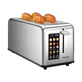 Mecity - 4-Slice Toaster with Touchscreen, Stainless Steel, Long Slots, Crumb Tray, Timer, Defrost, Reheat, 120V 1400W - Silver