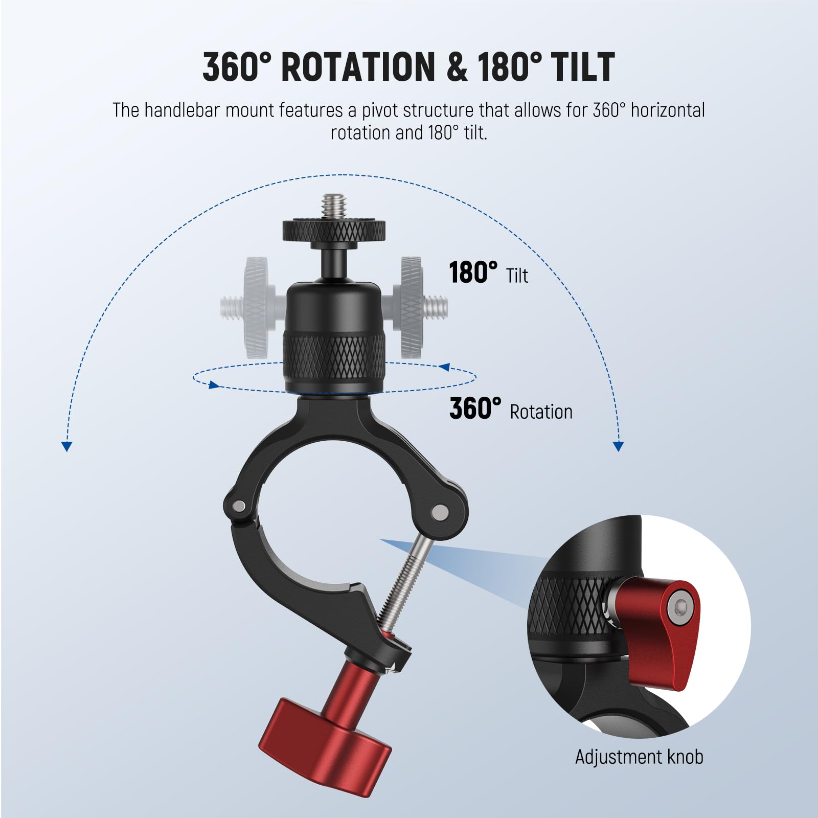 360° ROTATION & 180° TILT

The handlebar mount features a pivot structure that allows for 360° horizontal rotation and 180° tilt.

- 180° Tilt
- 360° Rotation
- Adjustment knob
