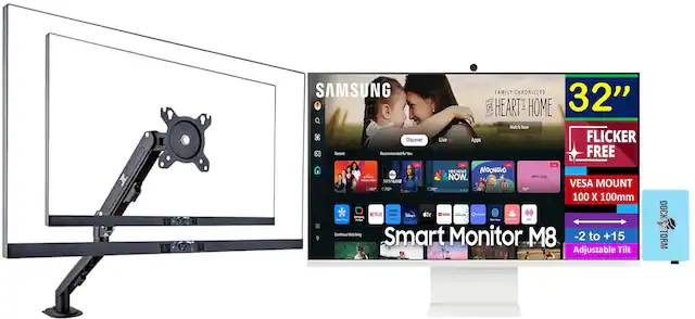 **SAMSUNG FAMILY CHRONICLES 32" F THE HEART'S HOME**
- Watch Now
- Discover
- Live
- Apps
**FLICKER FREE**
**VES A MOUNT 100 x 100mm**
**Smart Monitor M8**
- -2 to +15 Adjustable Tilt
**Recommended for You**
- NBC NEWS
- MOONBUG
- abc
- NOW
- Vevo
- NEBSLIVE
- NETFLIX
- video
- uyi
- #tv
- Smoung
**Continue Watching**
**DOCK TORM**
**Smart Monitor**