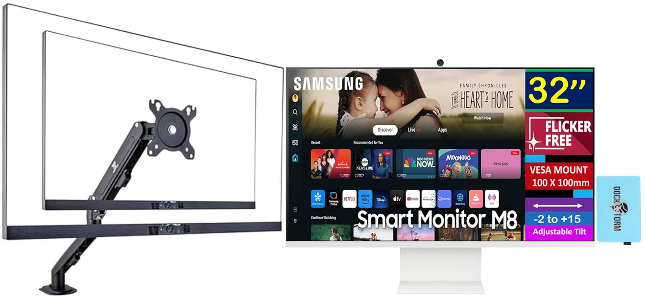 **SAMSUNG FAMILY CHRONICLES 32" F THE HEART'S HOME**

- Watch Now
- Discover
- Live
- Apps

**FLICKER FREE**

**VES A MOUNT 100 x 100mm**

**Smart Monitor M8**

- -2 to +15 Adjustable Tilt

**Recommended for You**

- NBC NEWS
- MOONBUG
- abc
- NOW
- Vevo
- NEBSLIVE
- NETFLIX
- video
- uyi
- #tv
- Smoung

**Continue Watching**

**DOCK TORM**

**Smart Monitor**