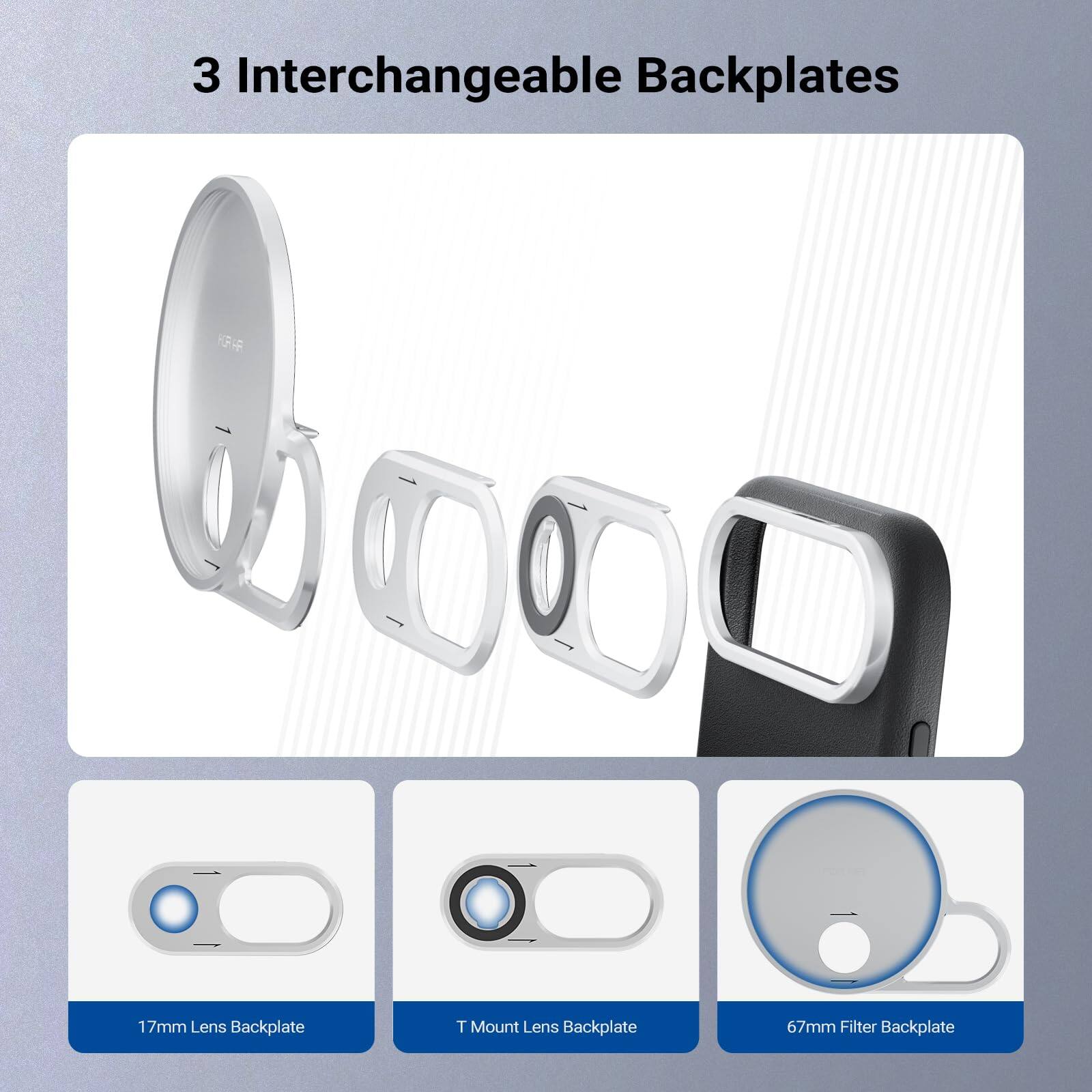 3 Interchangeable Backplates

- 17mm Lens Backplate
- T Mount Lens Backplate
- 67mm Filter Backplate