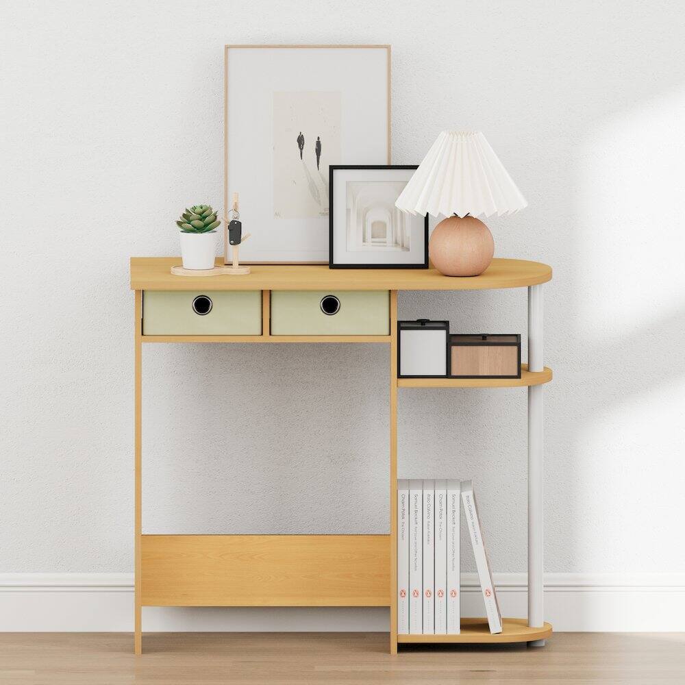 Back. Furinno - JAYA 32-Inch Oak Entryway Table with 2 Fabric Drawers, Console Table with Open Shelves, Behind Sofa Couch Tables - Beech/Ivory/White.