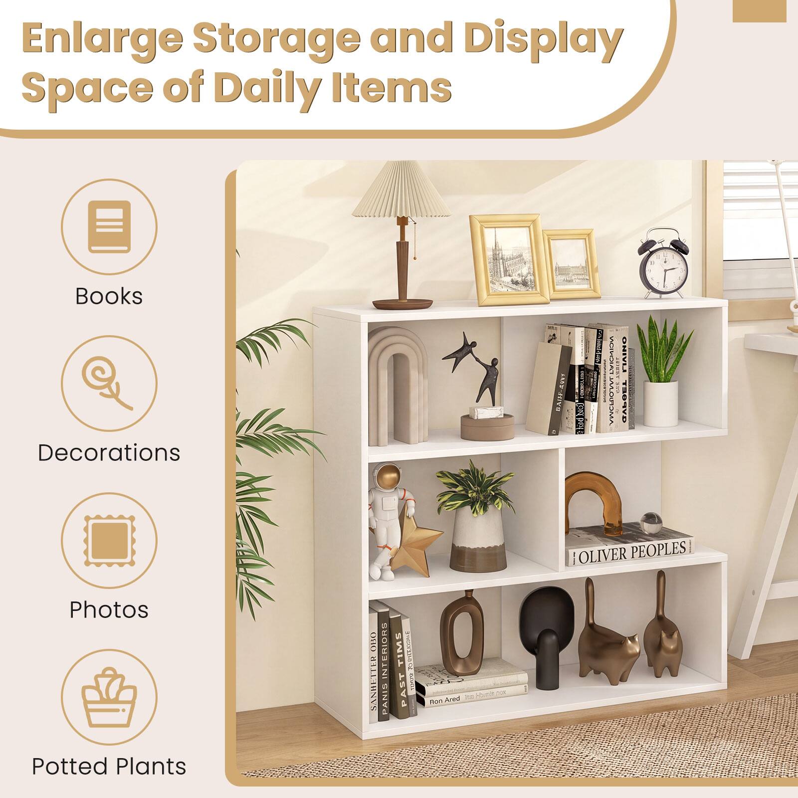 Enlarge Storage and Display Space of Daily Items

Books  
Decorations  
Photos  
Potted Plants

SANHETTER  
INTERIORS PANIS  
TIMS SERGERSION PAST mino 2002 Homin DOX Ared 200 Ron  
E 1 ! 3 - - R : 1 - ..  
AMCMENTEDICANICAL OHIAN BON Ked DAPGET OLIVER PEOPLES
