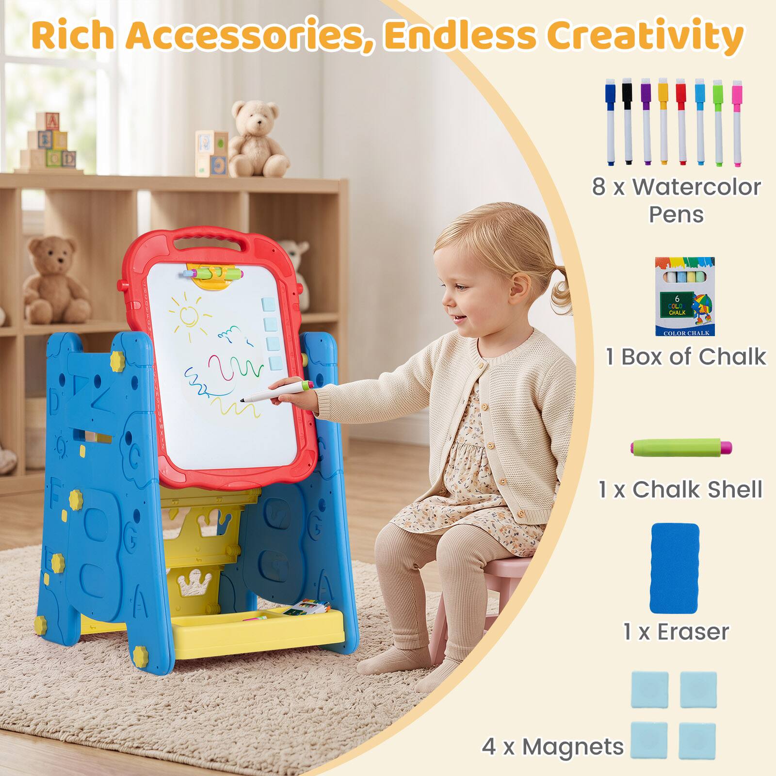 Rich Accessories, Endless Creativity

8 x Watercolor Pens

1 Box of Chalk

1 x Chalk Shell

1 x Eraser

4 x Magnets