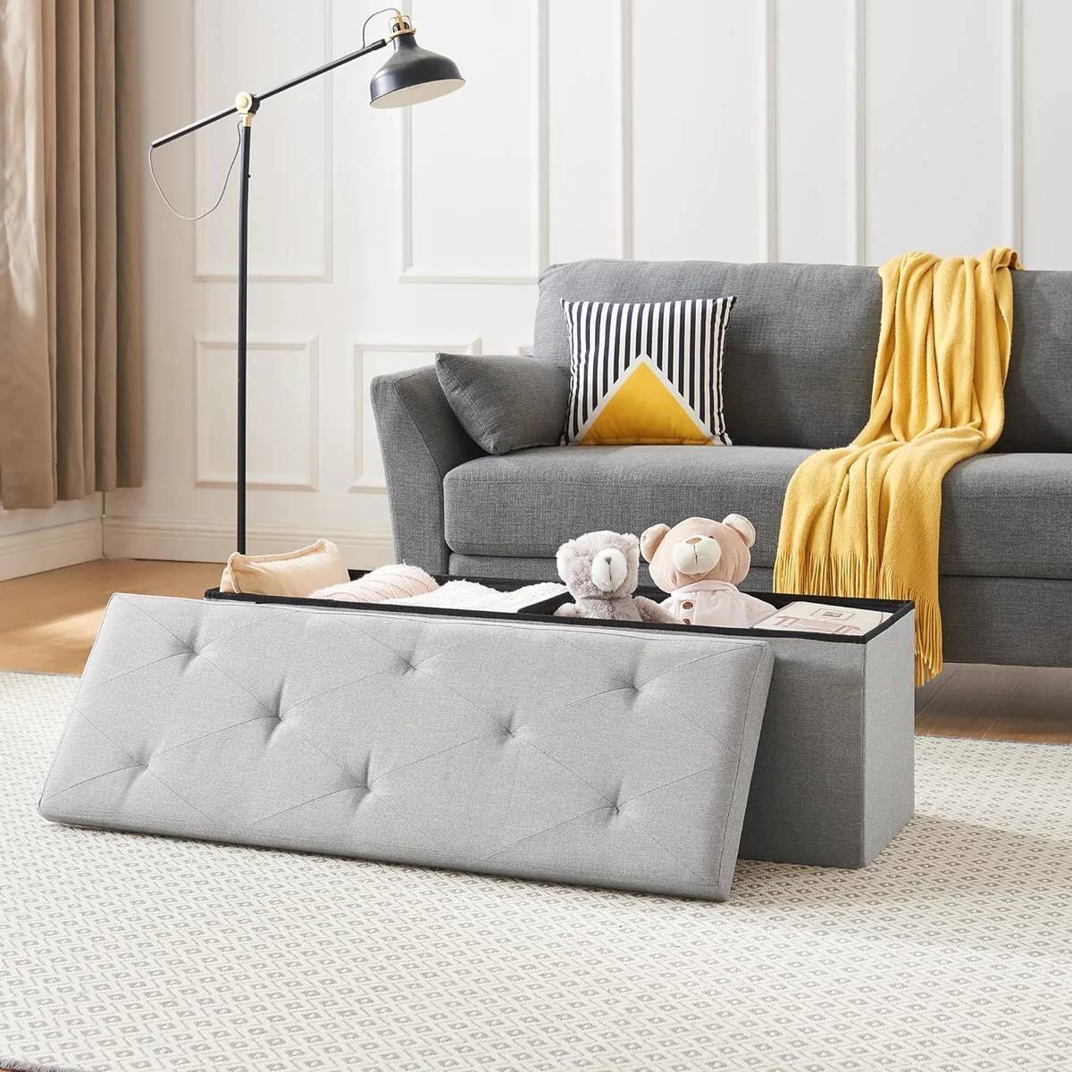 Angle. Hivvago - Light Grey Linen Upholstered Bedroom Living Room Entryway Storage Bench Ottoman - Light Grey.
