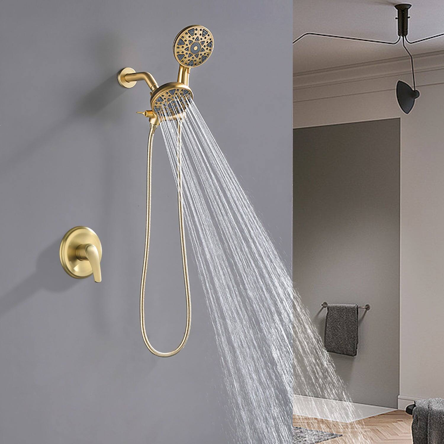 Alt View 3. Boyel Living - Brushed Gold Brass Shower Faucet Set with Pressure Balance Valve 6-Function Dual Sprayers, Stainless Steel Hose - Brushed Gold.