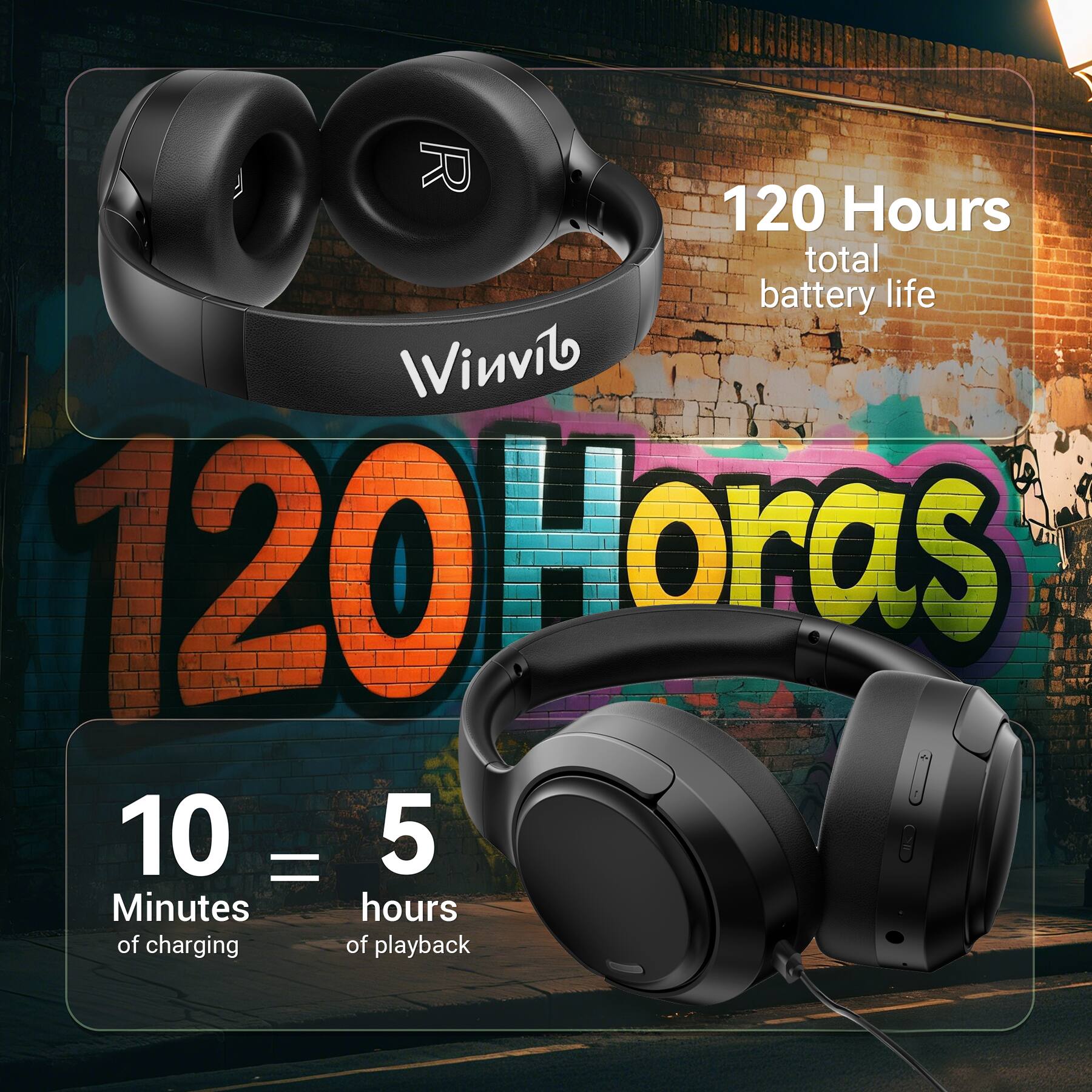 R 120 Hours total battery life  
Winvib 120 horas  
10 = 5  
Minutes hours of charging of playback