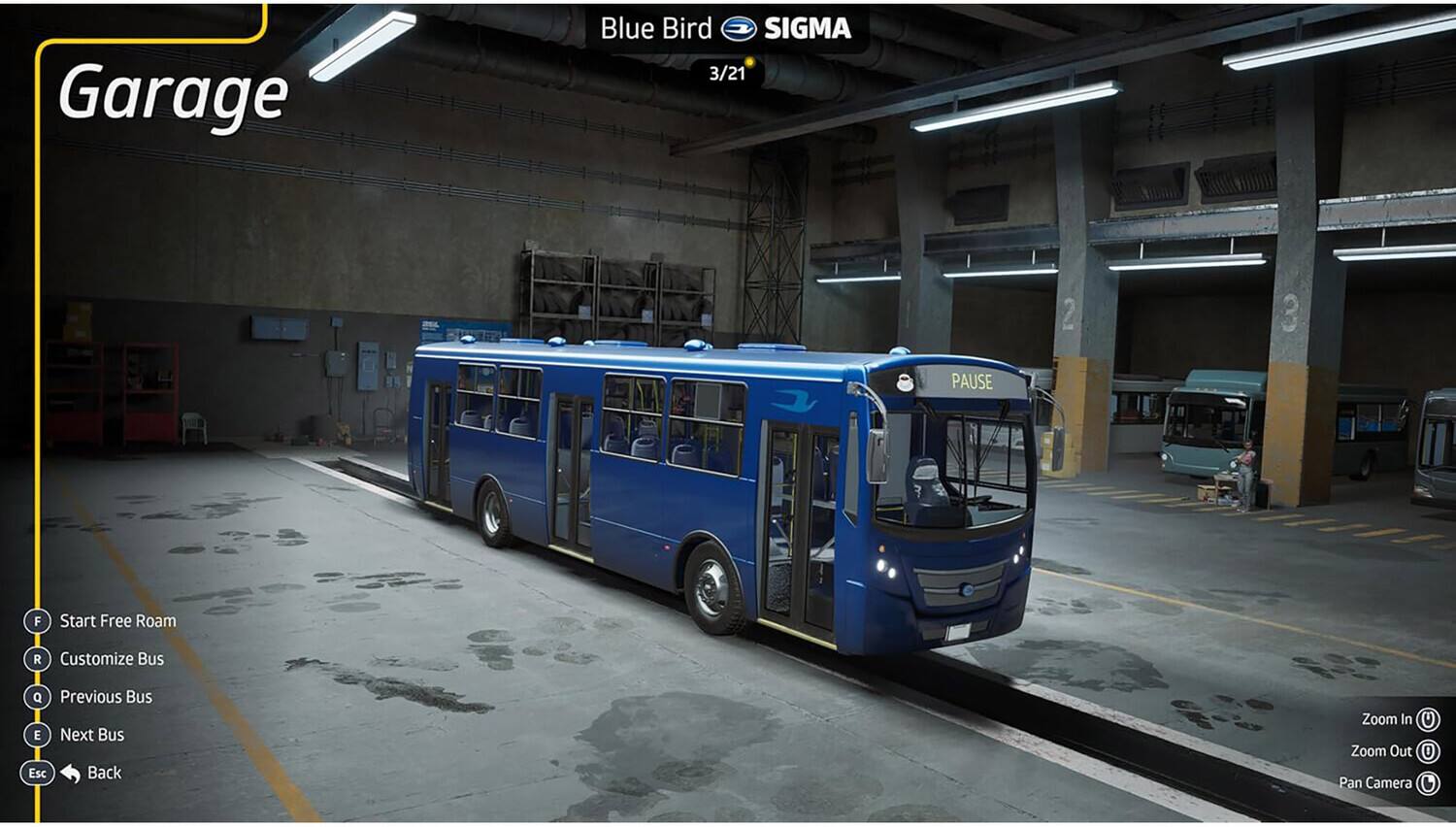 Garage Blue Bird SIGMA 3/21  
2 3 PAUSE  
F Start Free Roam  
R Customize Bus  
Q Previous Bus  
E Next Bus  
Esc Back  
Zoom In U  
Zoom Out O  
Pan Camera