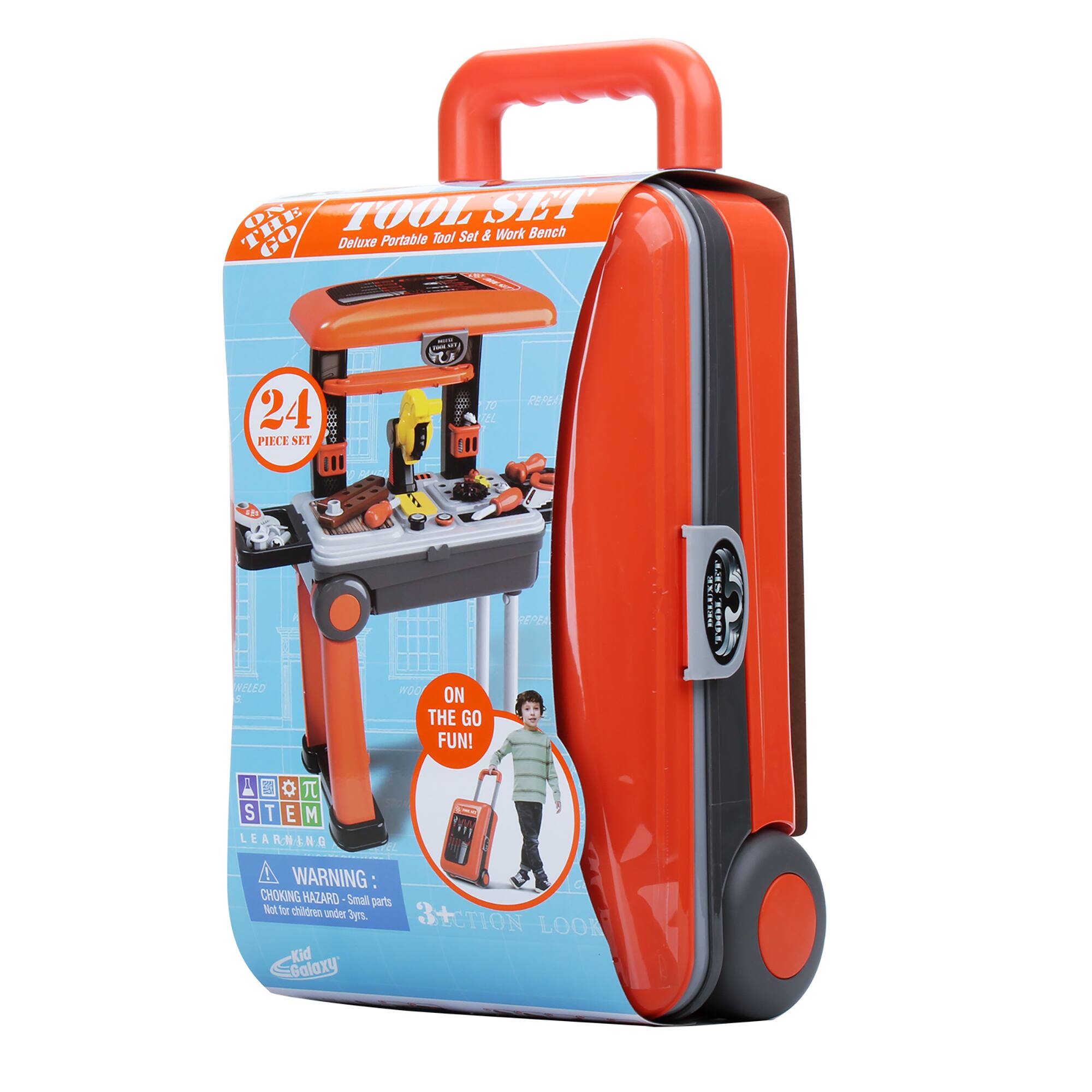 L TOOL SET THE GO Deluxe Portable Tool Set & Work Bench 24 PIECE SET t 7o m2L PEPEA A PEPEA IRN ETPP NELED a ROO ON THE GO FUN! A b S T E M LEARNING WARNING: CHOKING HAZARD Small parts Neot for children ndee Ss. Kid Galoxy G 3 CTION LOOK.