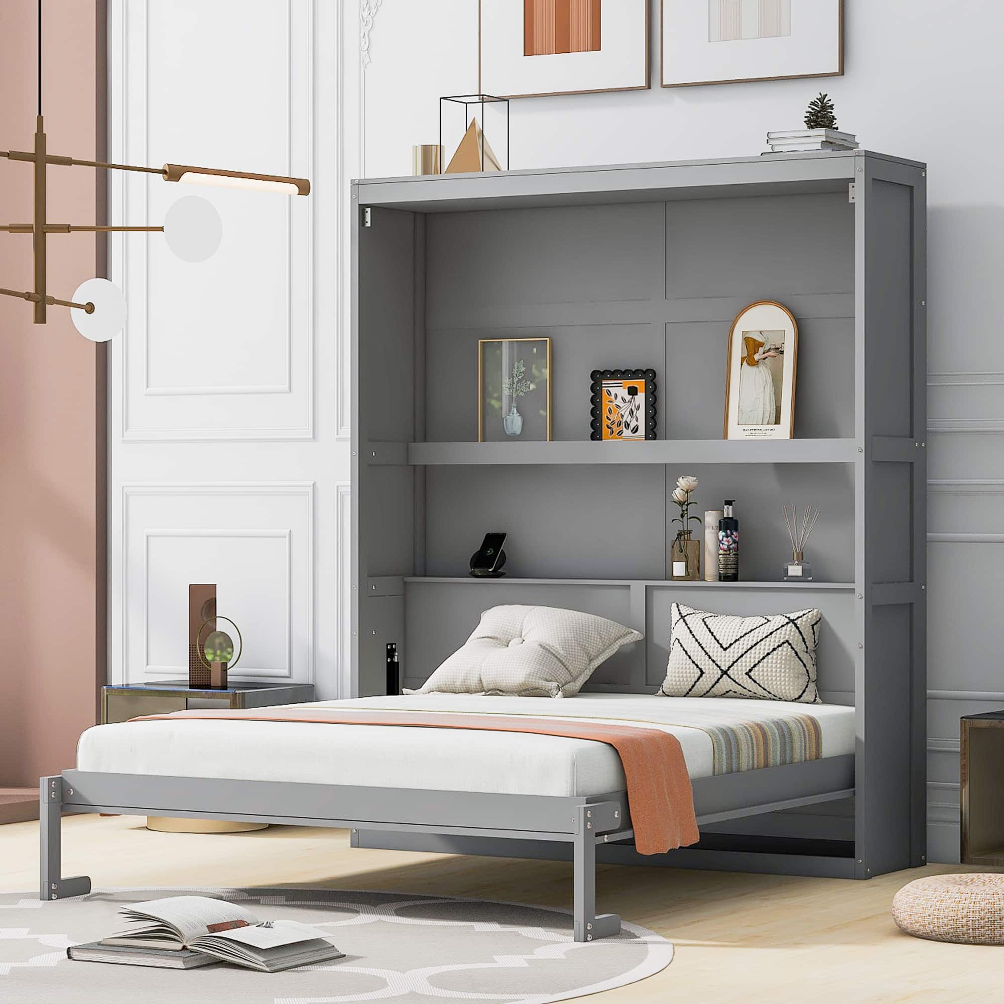 Tiramisubest - Queen Size Murphy Wall Bed w/ Shelves, Gray, Solid Wood + MDF, 90x68x88 inches, 211 lbs - Gray