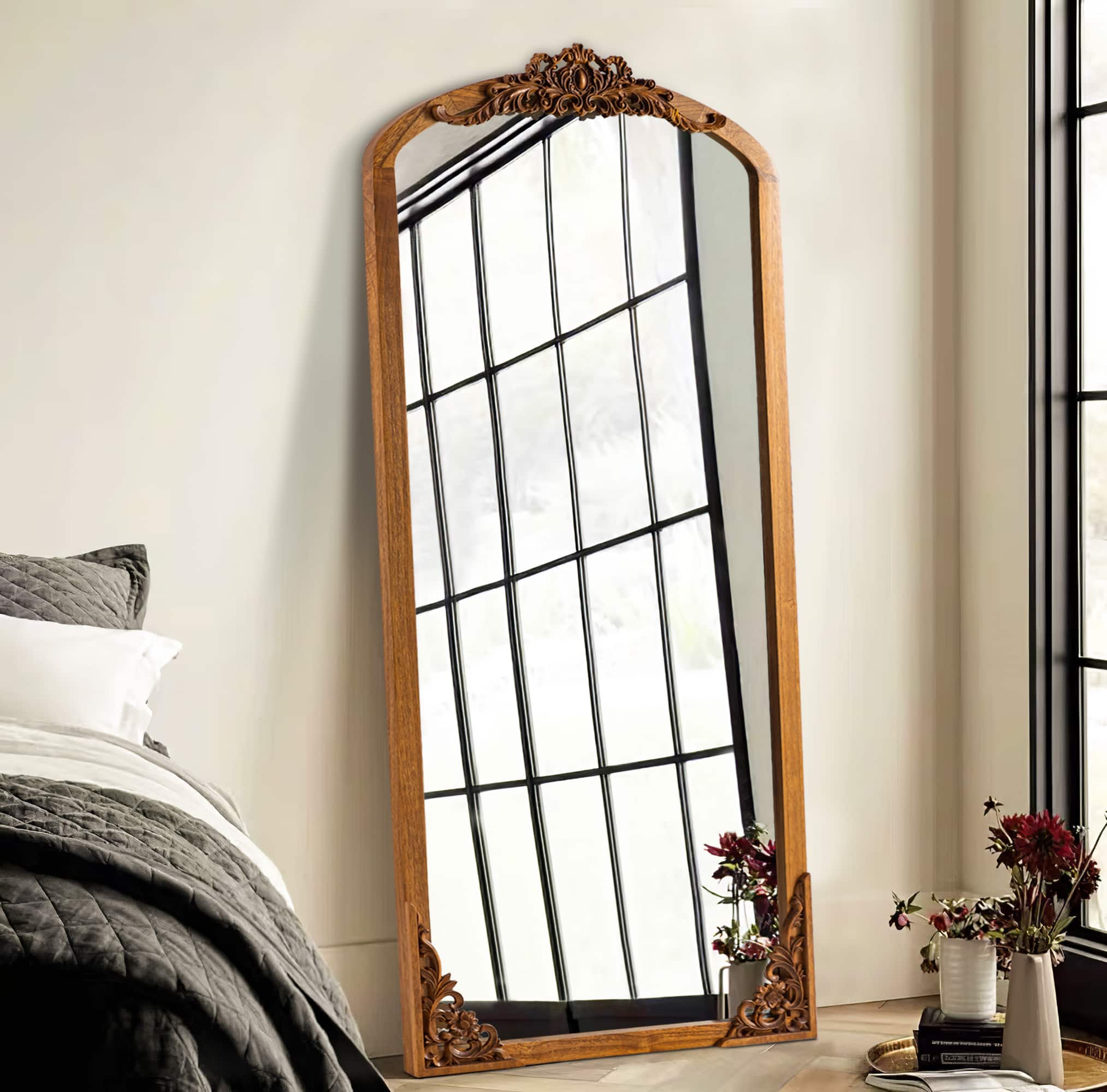 PexFix - 30x69" Full Length Mirror, Carved Wooden Frame, Wall Mount or Leaning Floor Mirror for Bedroom & Entryway - Gold
