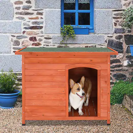 Front. Pefilos - 45" Wood Dog Houses for Large Dogs Outdoor Weatherproof Pet Cat House, Green Sloping Roof Dog Kennel.