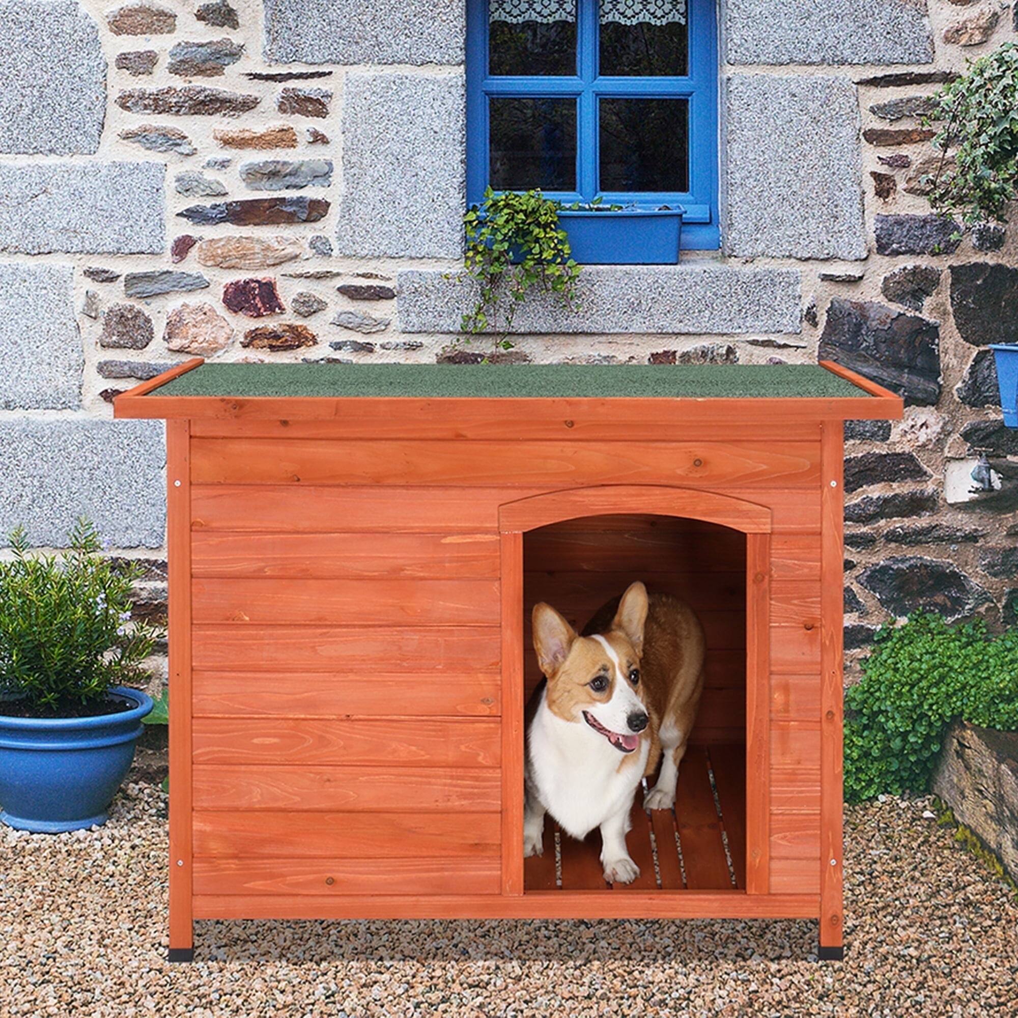 Front. Pefilos - 45" Wood Dog Houses for Large Dogs Outdoor Weatherproof Pet Cat House, Green Sloping Roof Dog Kennel.
